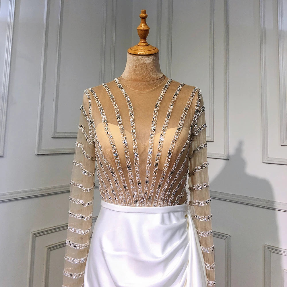 White Long Sleeves Mermaid Split Evening Dresses Design 2025 Beaded Luxury Elegant For Women Party Serene Hill LA71531 - SERENE HILL
