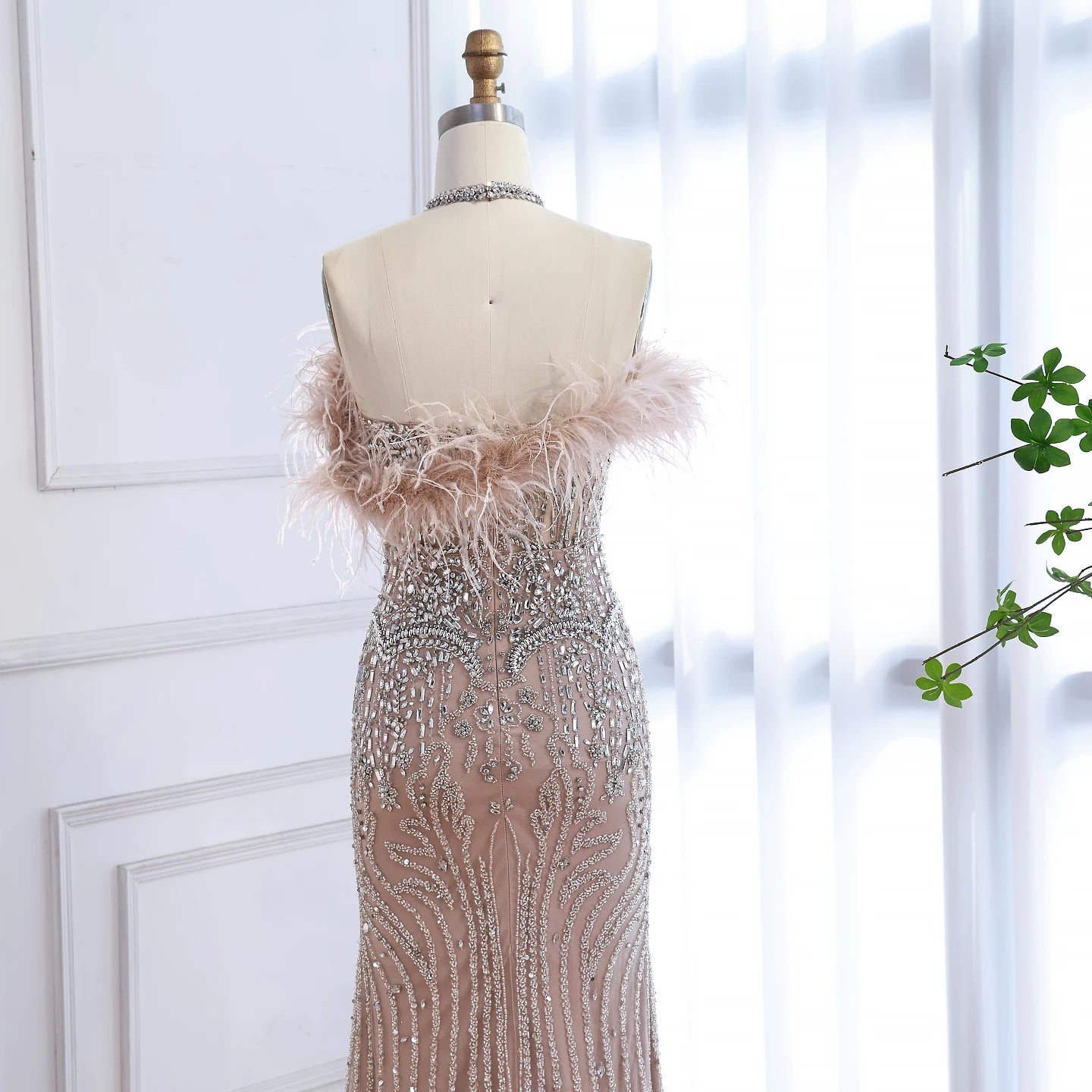 Luxury Nude Halter Feather Crystal Evening Dress LA73349 - SERENE HILL