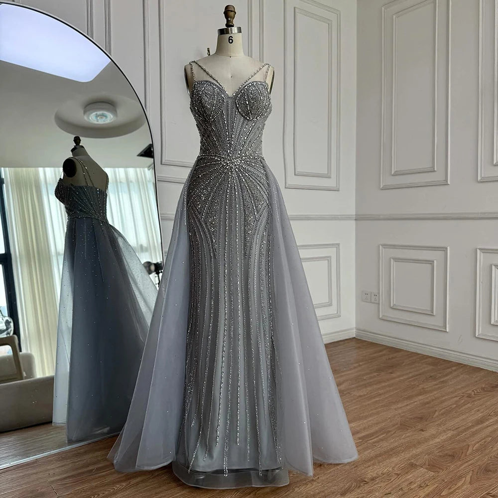Luxury Nude Spaghetti Strap Mermaid Evening Dress with Overskirt Beaded LA73090 - SERENE HILL