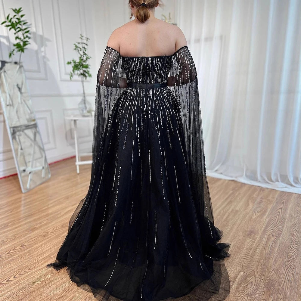 Luxury Black A Line Beaded Evening Dress with Cape Sleeves LA71824 - SERENE HILL