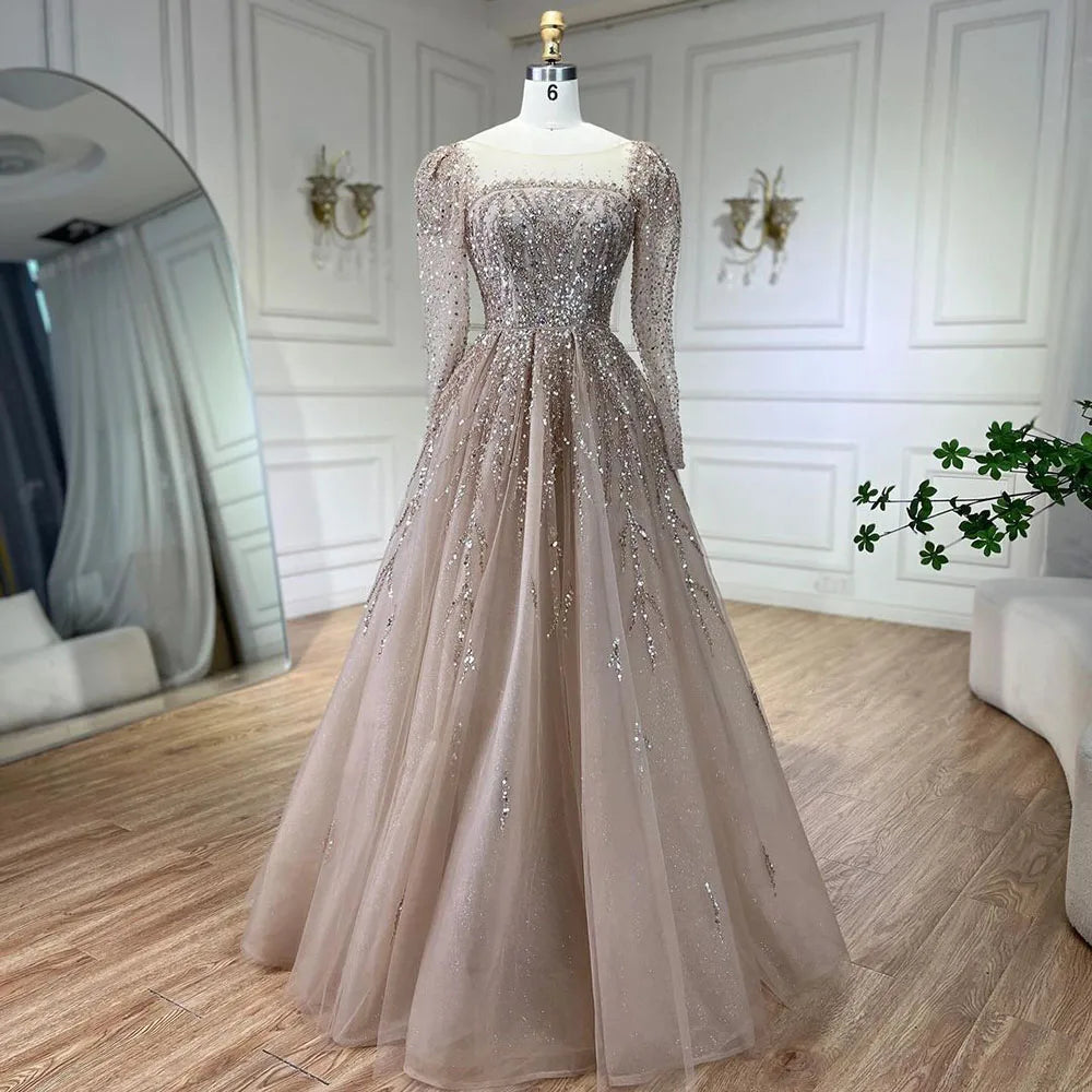 Luxury Dusty Pink Long Sleeves A-Line Evening Dress LA71915 - SERENE HILL