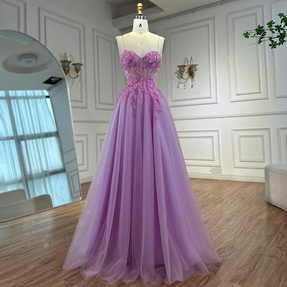 Luxury A-line Sweep Train Tulle Prom Dress with Appliqued LA72972 - SERENE HILL