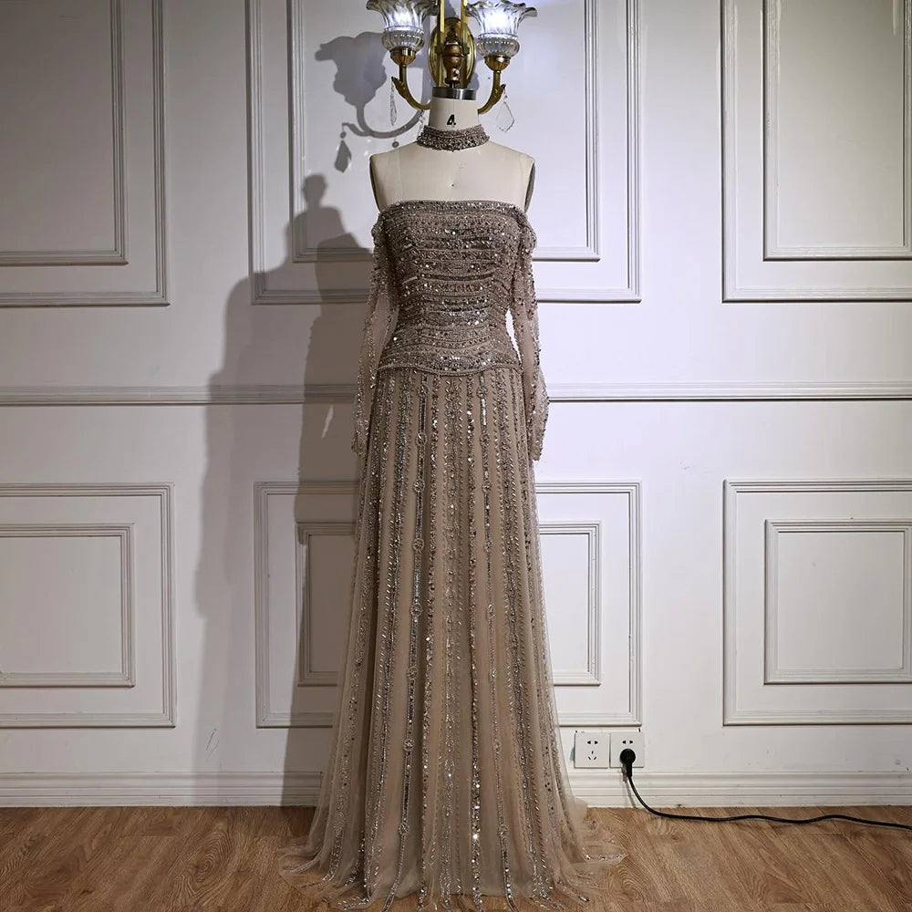 Luxury Caramel Off Shoulder Beaded Mermaid Evening Dress Long Sleeves LA73053 - SERENE HILL