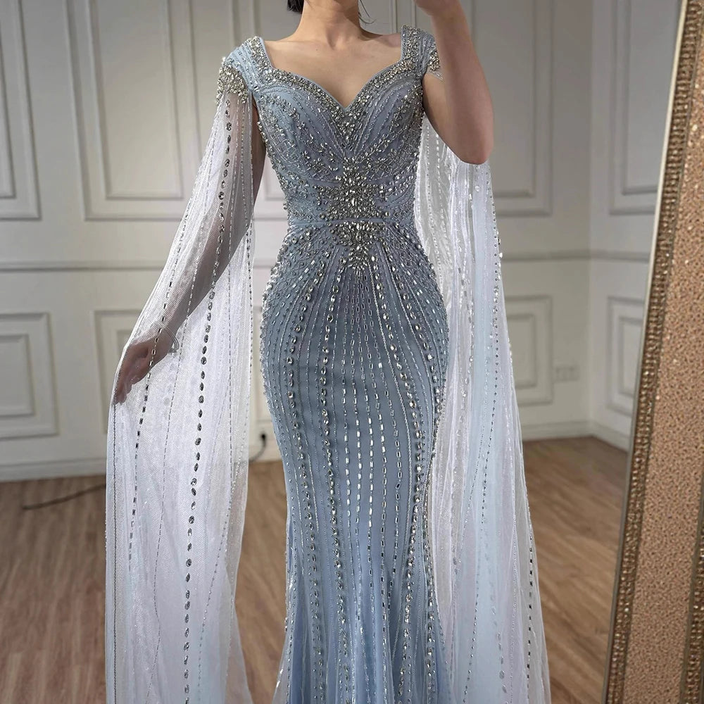 Luxury Arabic Nude Beaded Evening Dress with Cape Sleeves LA73181 - SERENE HILL