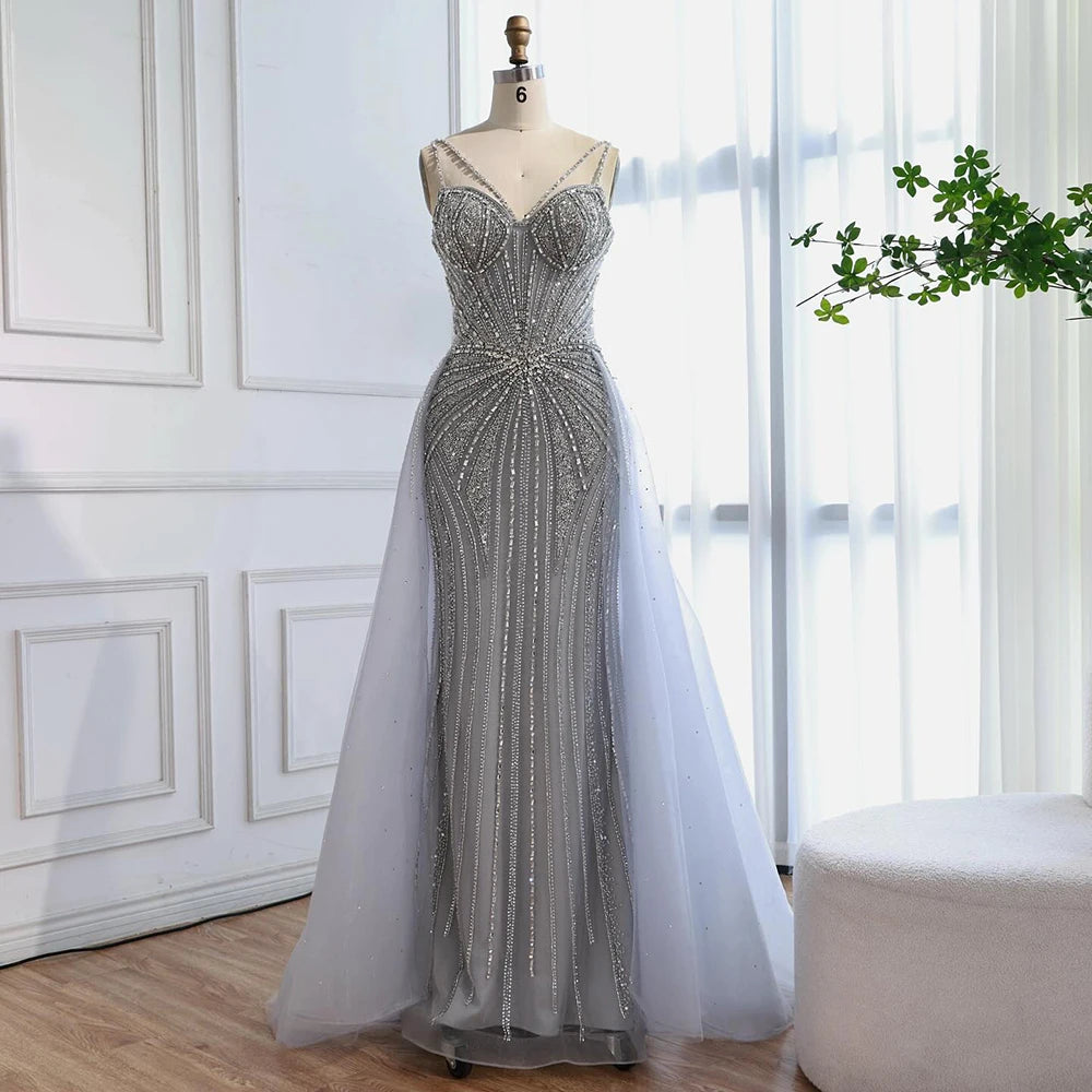 Luxury Nude Spaghetti Strap Mermaid Evening Dress with Overskirt Beaded LA73090 - SERENE HILL