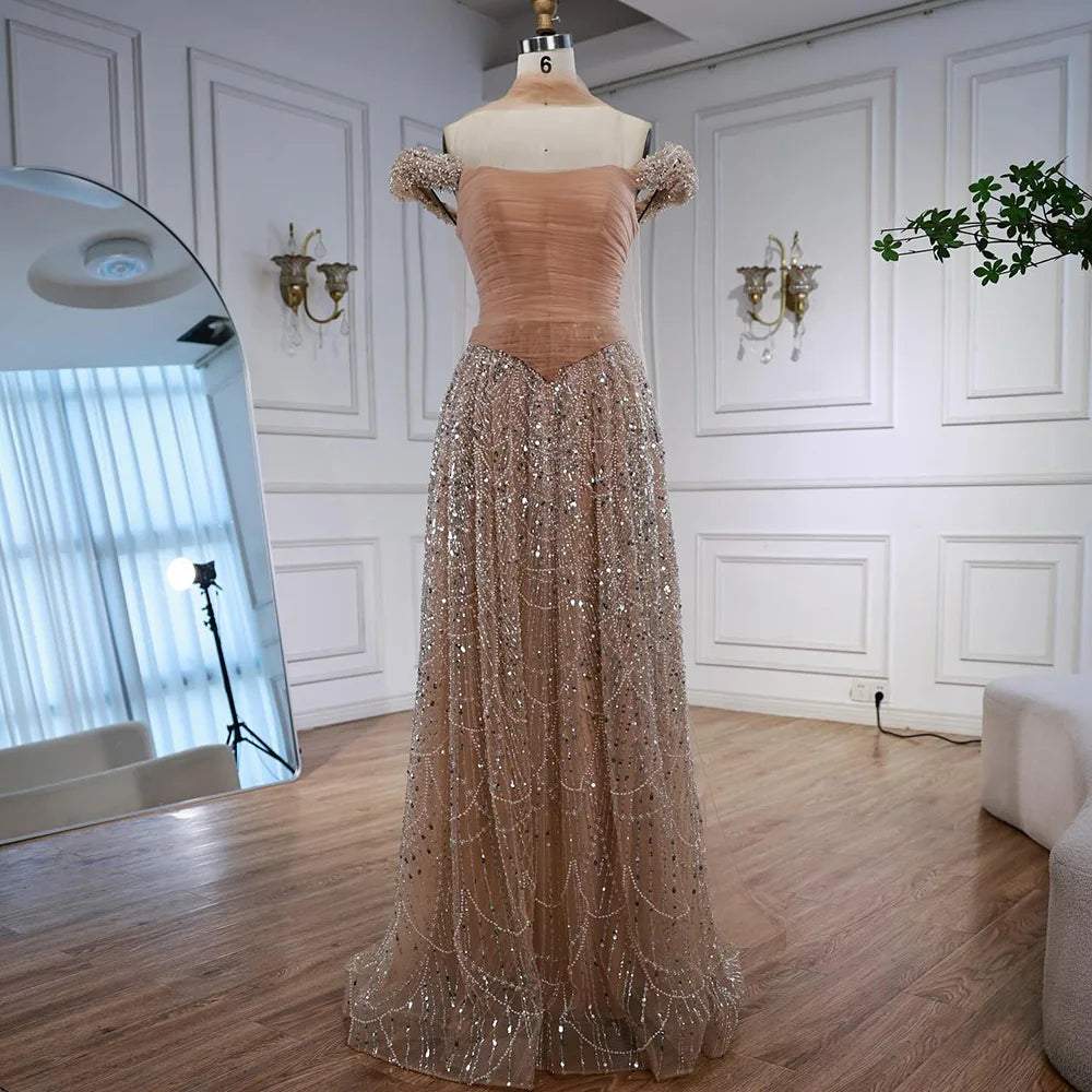 Luxury Arabic Pink Pearls Beaded Evening Dress With Cape LA72922 - SERENE HILL