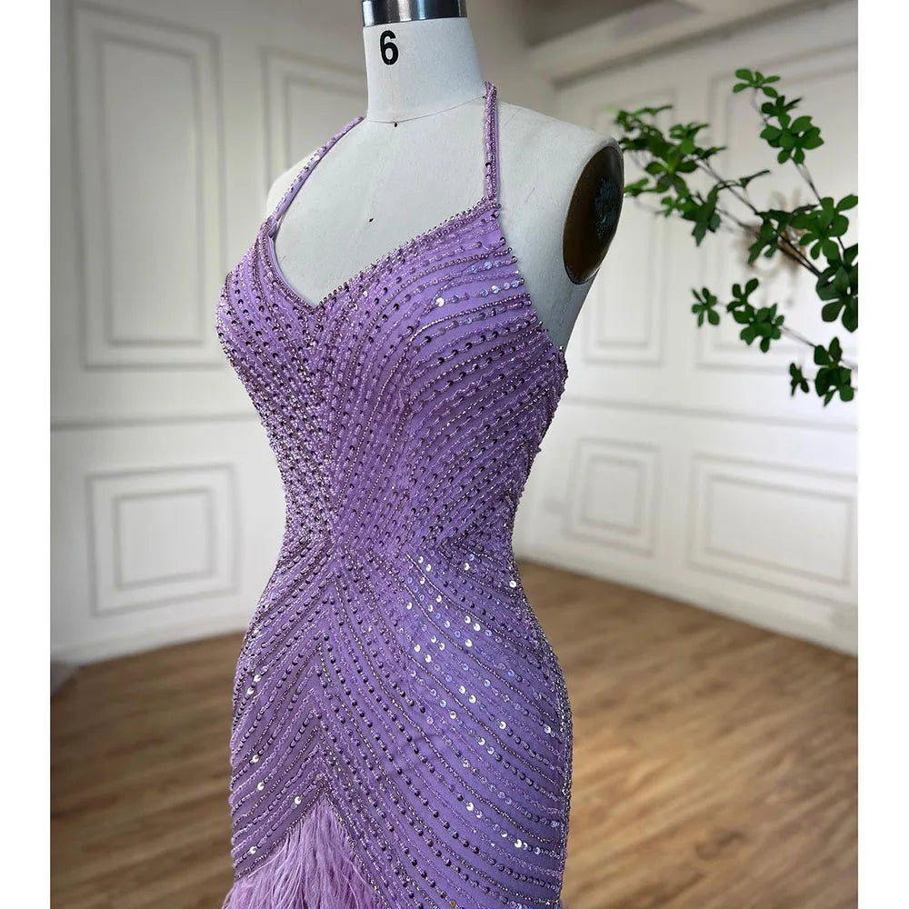 Lilac Feather Halter Mermaid Luxury Dubai Evening Dress LA72056 - SERENE HILL