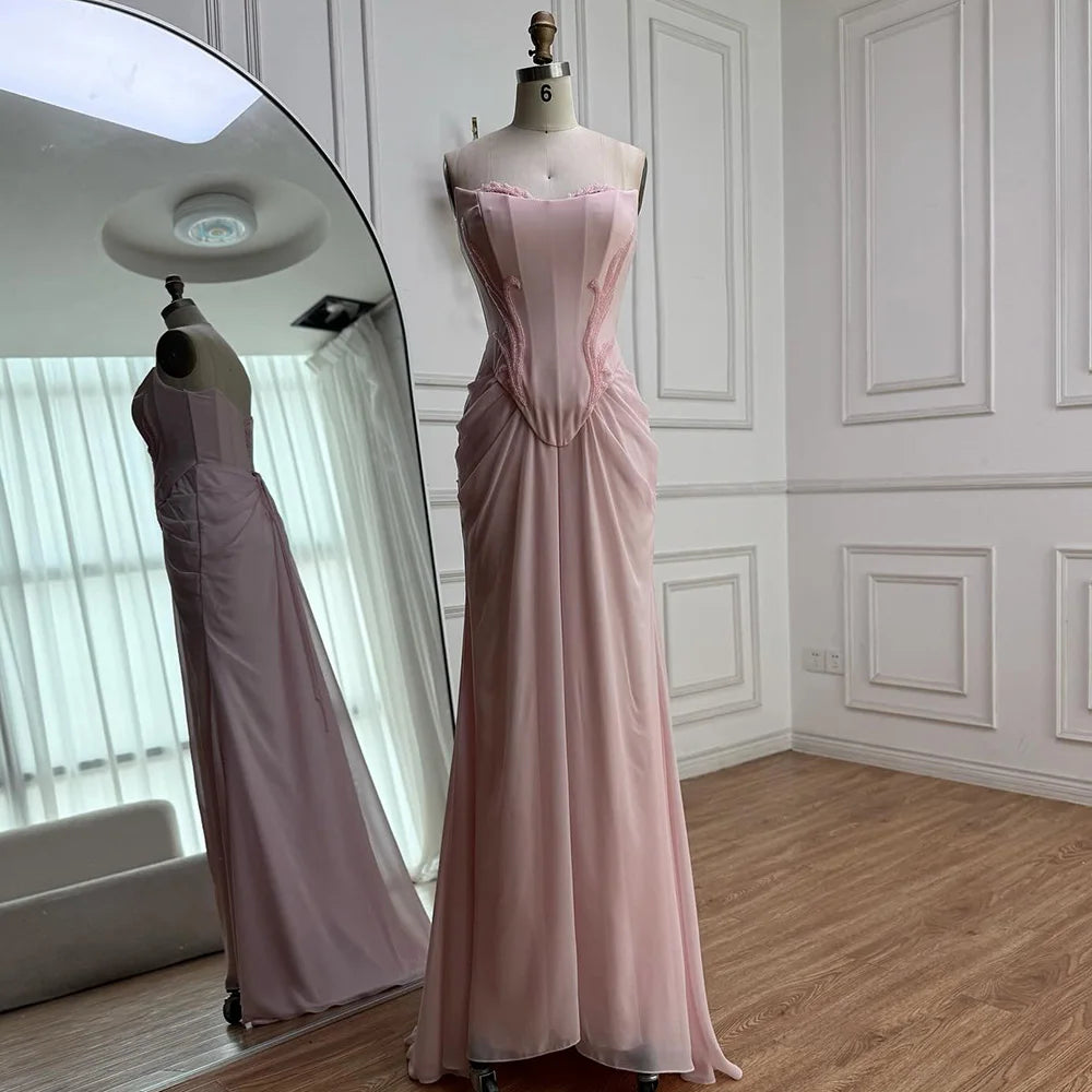 Pink Draped Satin Evening Dress with Rose Neck LA72946 - SERENE HILL