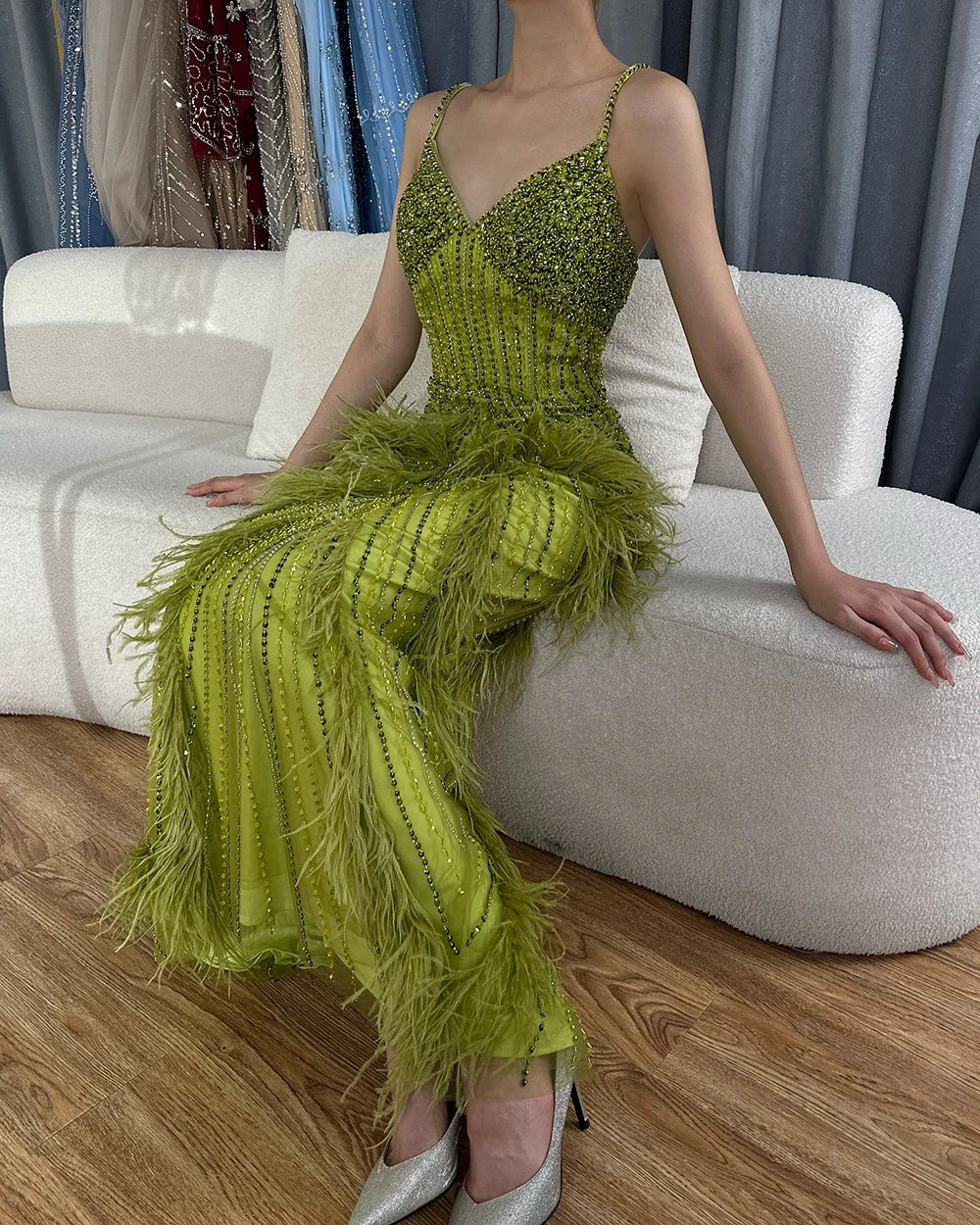 On Sale no return no refund Serene Hill Yellow Green Feathers Mermaid Sundress Evening Gowns Beaded Ankle Length Party Drsses 2025 For Women LA72055 - SERENE HILL