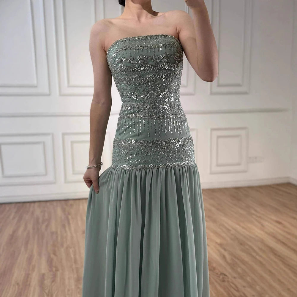 Luxury Sage Green A-Line Evening Dress with Cape LA73044A - SERENE HILL