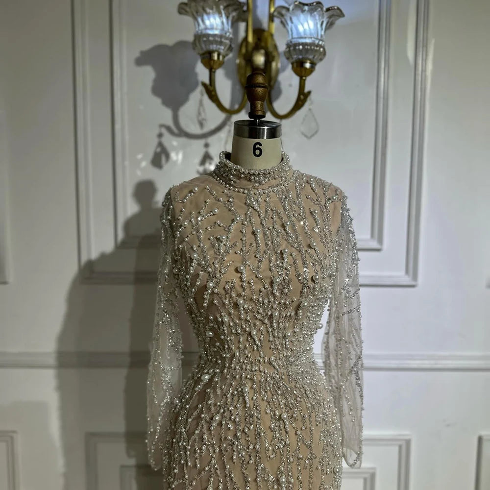 Luxury Dubai Saudi Arabic Luxury Pearls Beaded Nude Mermaid Evening Gown for Formal Occasion LA72345A - SERENE HILL