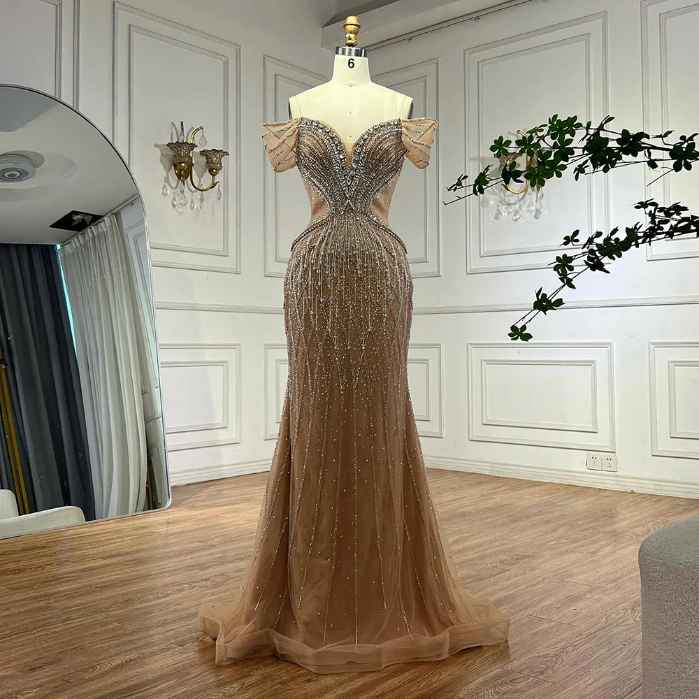 Saudi Arabic Off Shoulder Nude Beaded Tulle Mermaid Evening Gown LA72854 - SERENE HILL