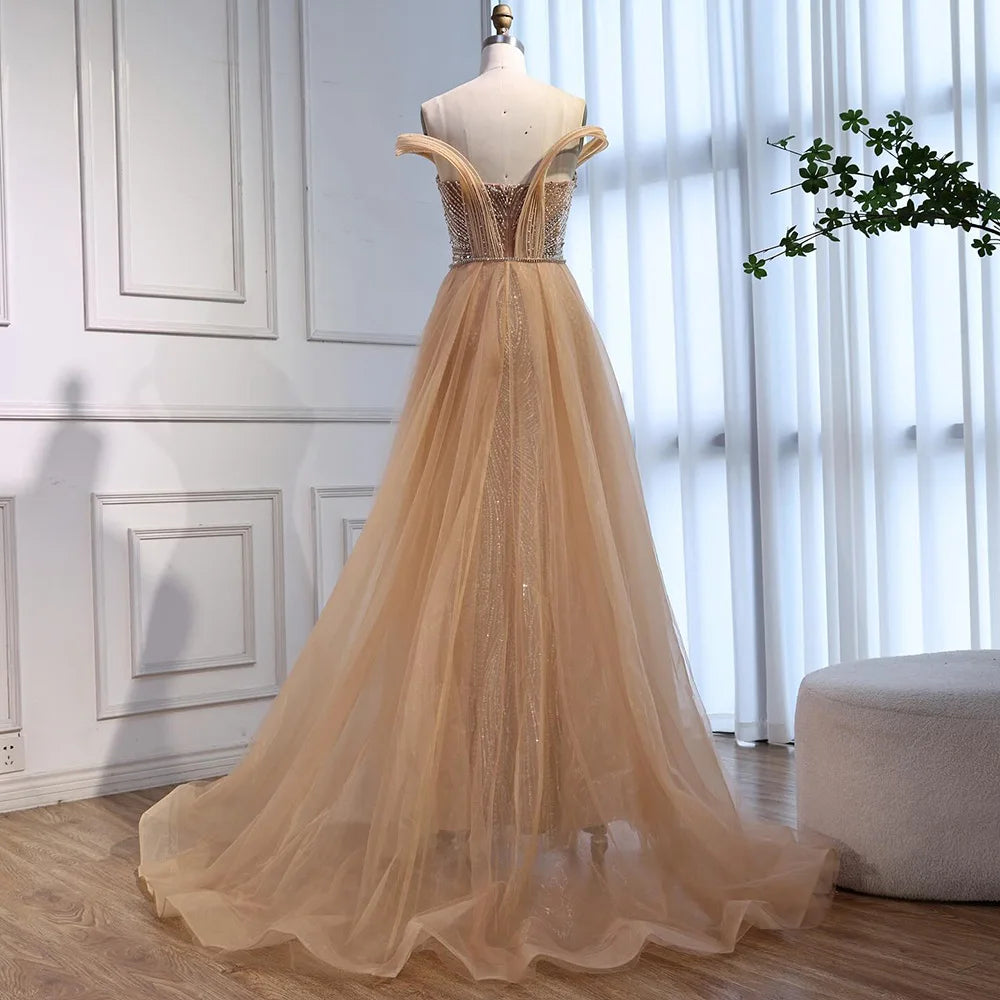 Luxury Nude Mermaid Off Shoulder Beaded Evening Dress with Overskirt LA73131 - SERENE HILL