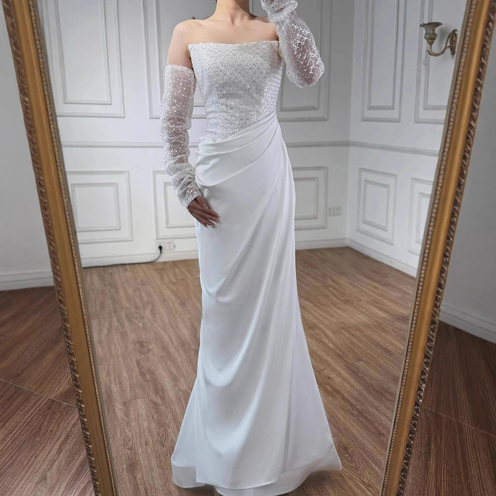 White Beaded Evening Dress with Detachable Sleeves LA72293A - SERENE HILL