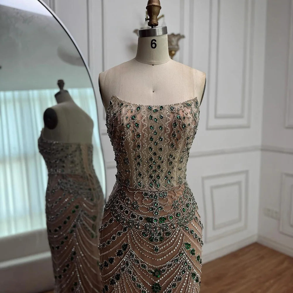 Luxury Green Beaded Saudi Arabic Evening Gown for Formal Occasion LA72842 - SERENE HILL