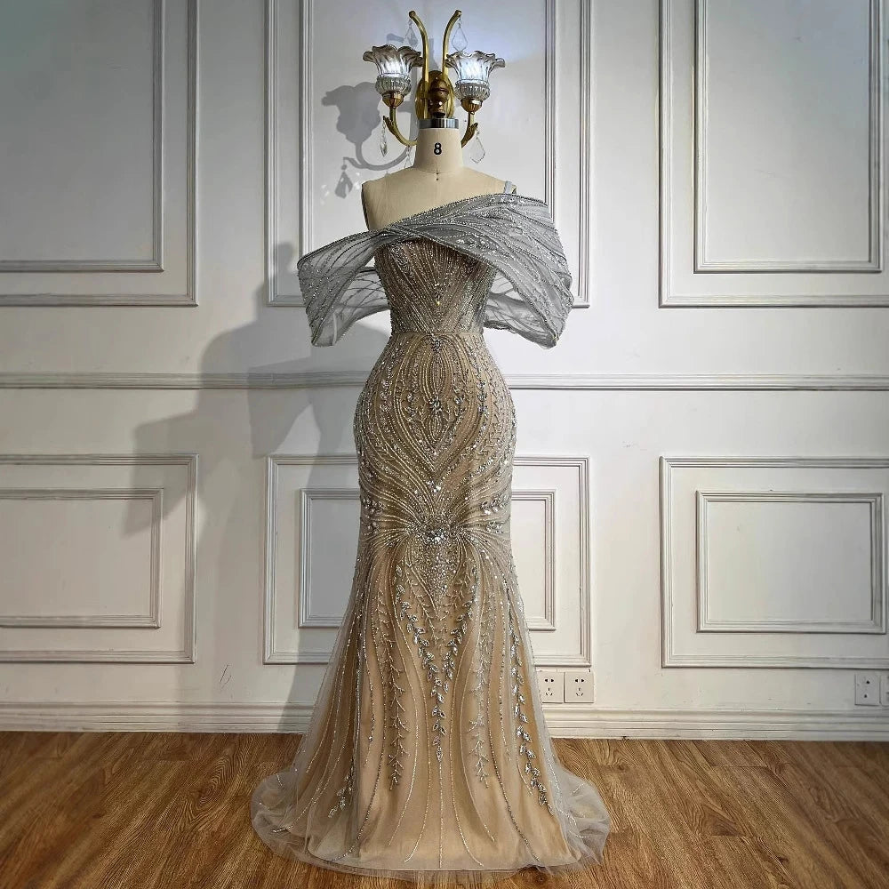 Luxury Silver Nude Off Shoulder Mermaid Evening Dress LA72878 - SERENE HILL