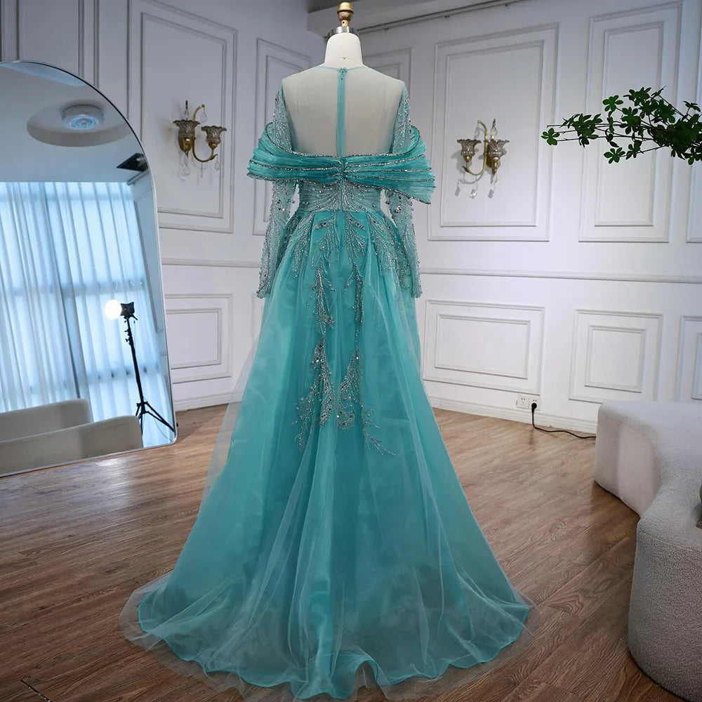 Luxury Blue Designer Evening Dress with Long Sleeves Overskirt LA72841 - SERENE HILL