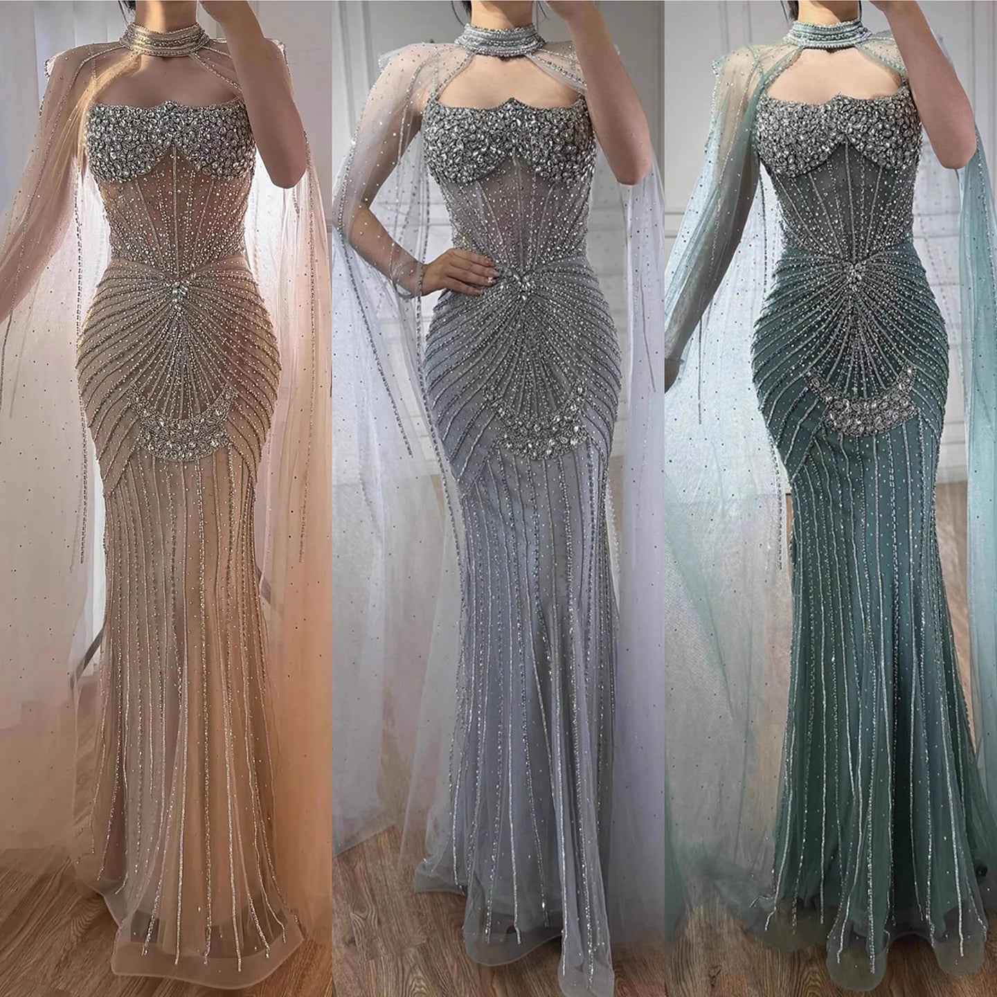 Luxury Turquoise Crystal Beaded Evening Dress with Cape LA73202 - SERENE HILL