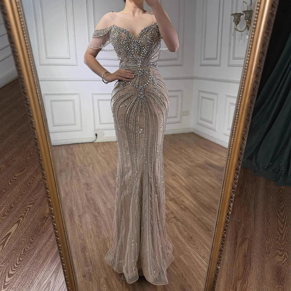 Luxury Pink Crystal Tassel Off Shoulder Evening Dress Dubai LA73204 - SERENE HILL