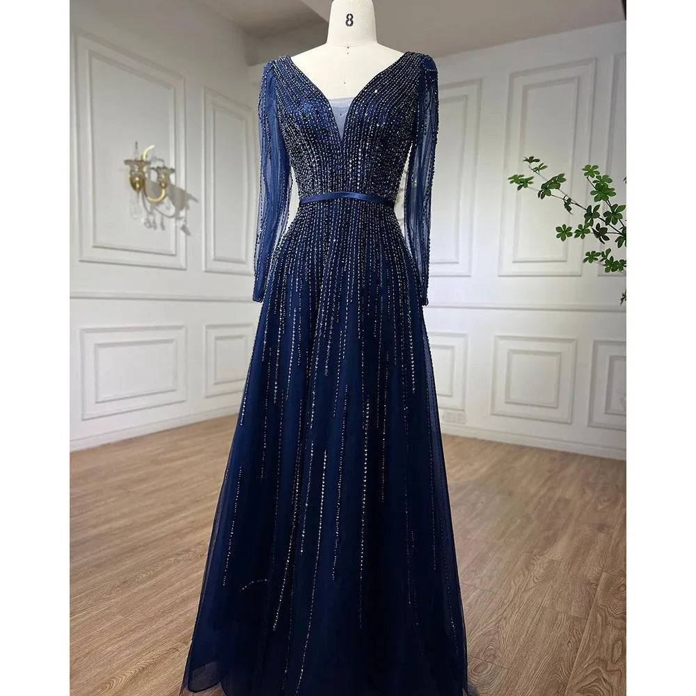 Muslim Navy Long Sleeves A-line Beaded Evening Dresses Forml Occasion Party Gowns For Women LA72019 - SERENE HILL