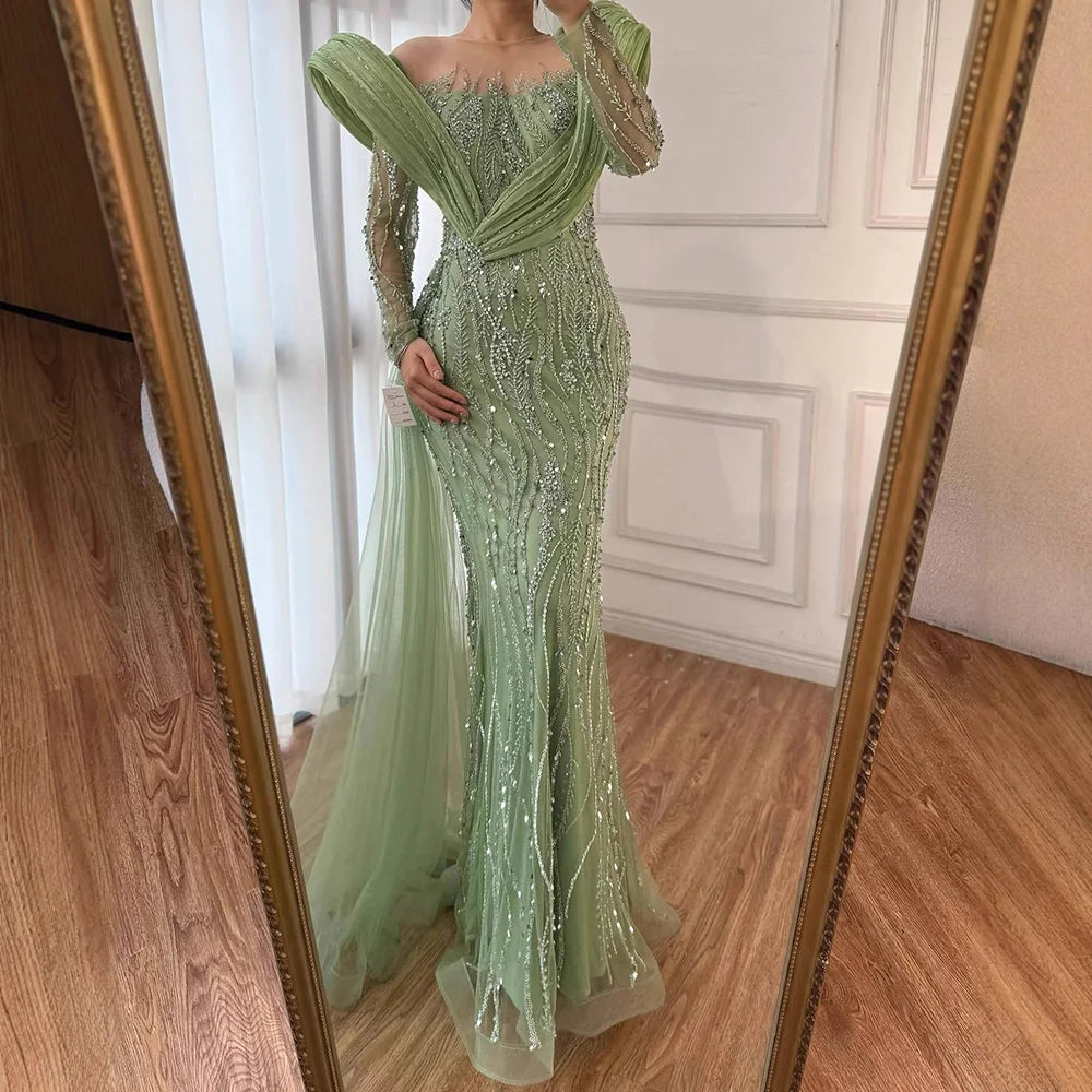 Elegant Sage Green Beaded Evening Dress with Flowing Hem LA72928 - SERENE HILL