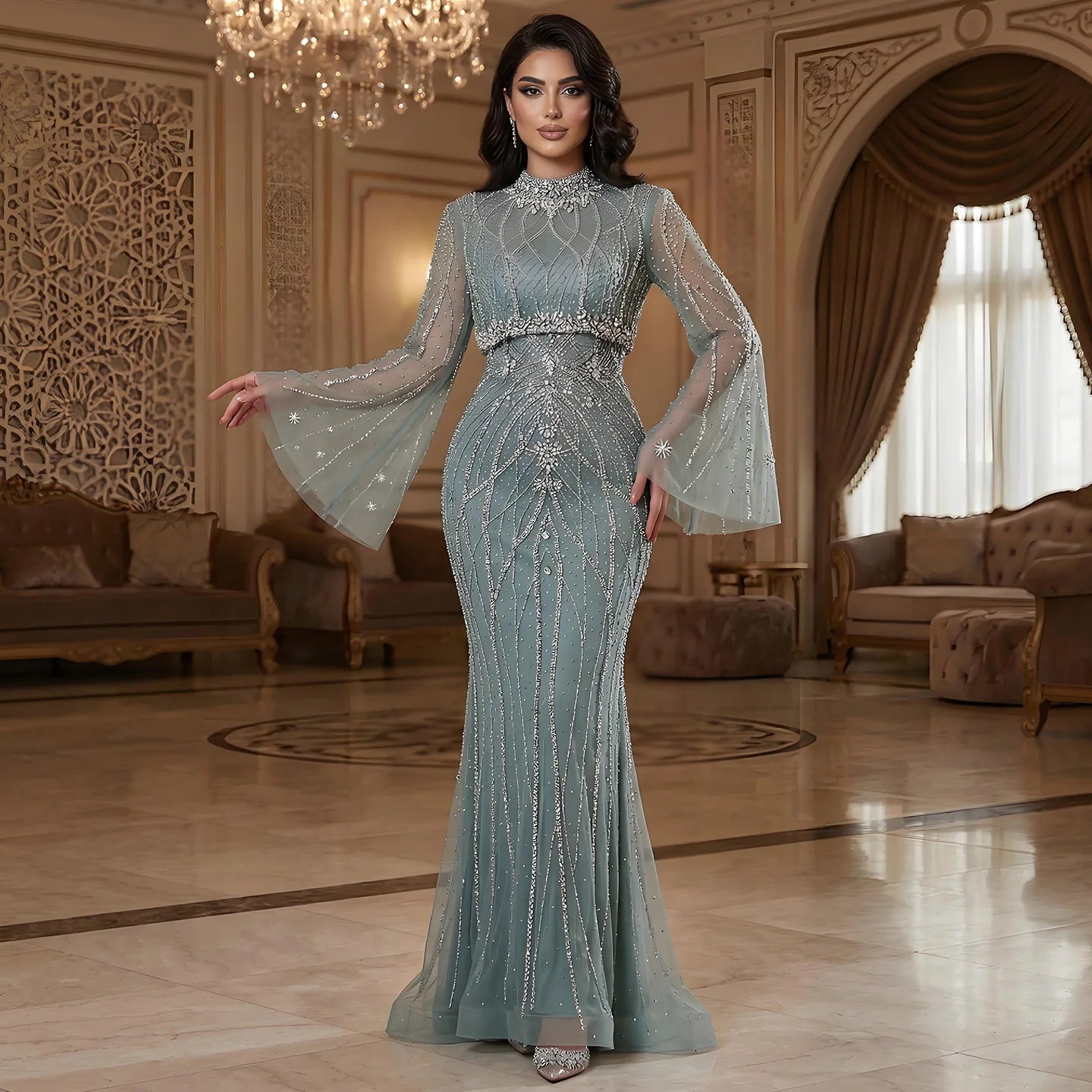 Luxury Turquoise Crystal Beaded Mermaid High Neck Long Sleeve Evening Dress LA73136