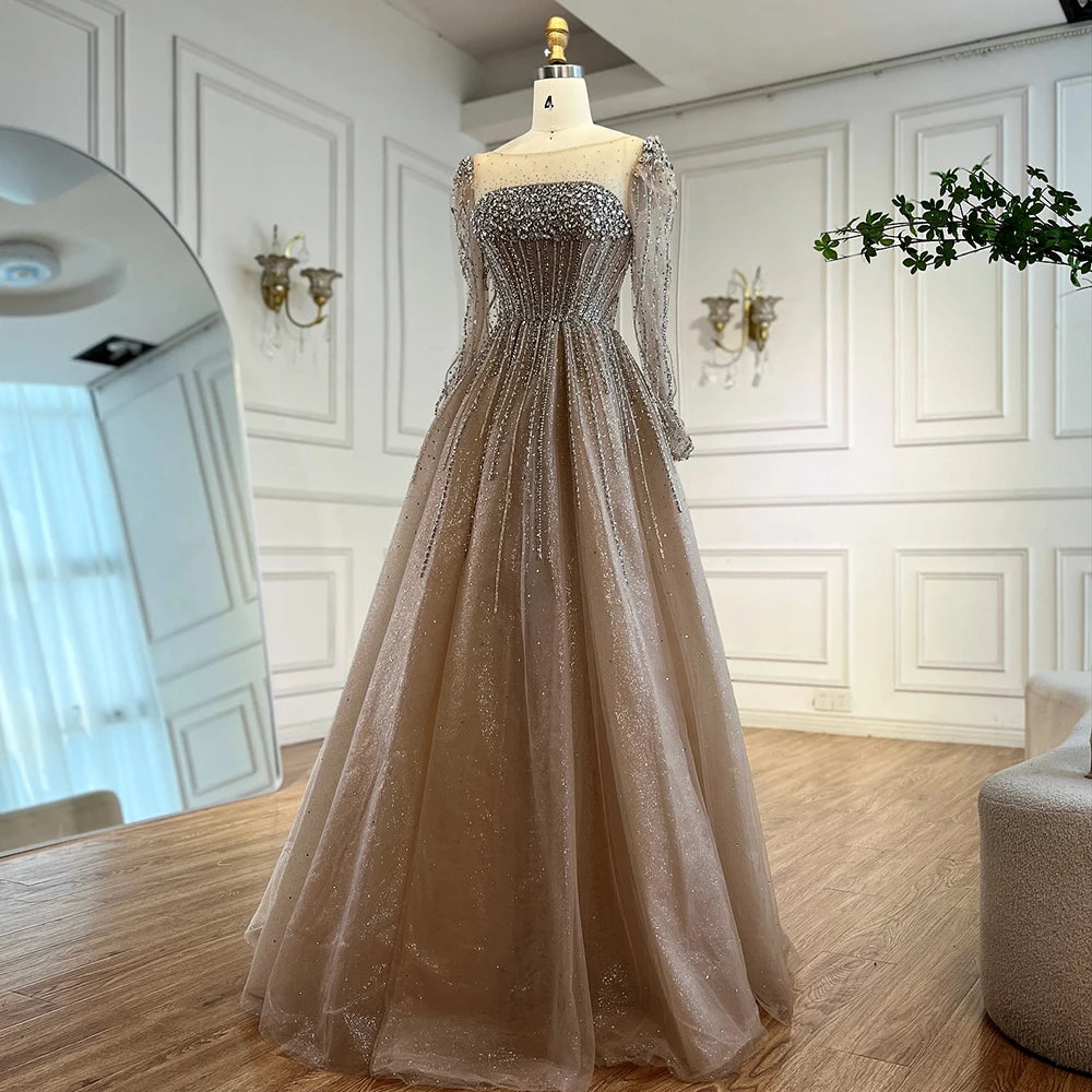 Luxury Caramel Sparkly A-Line Evening Dress with Long Sleeves LA72991 - SERENE HILL