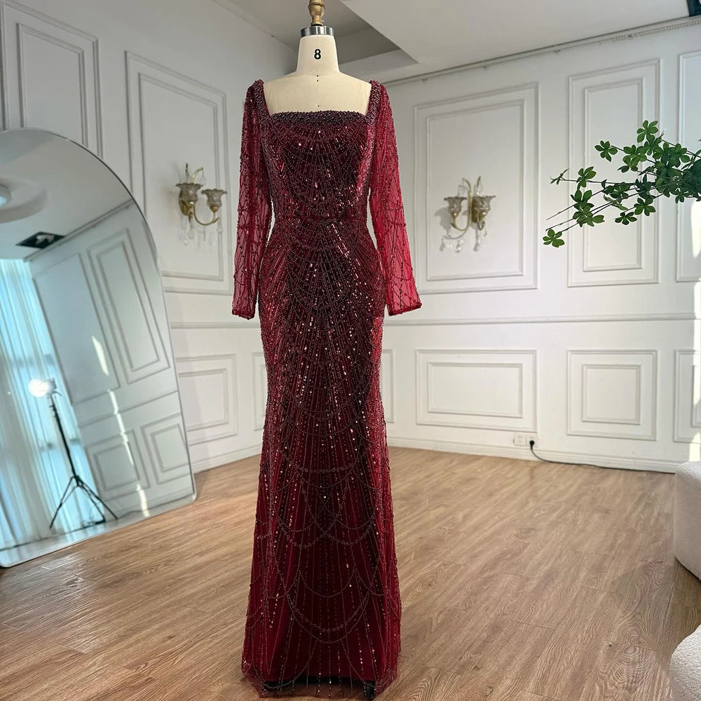 Blue Square Evening Dress With Long Sleeve Plus Size LA72032N - SERENE HILL