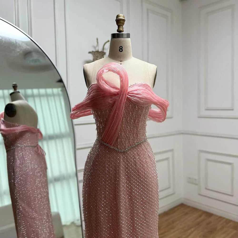 Luxury Pink Off Shoulder Mermaid Evening Dress with Bow LA73058 - SERENE HILL