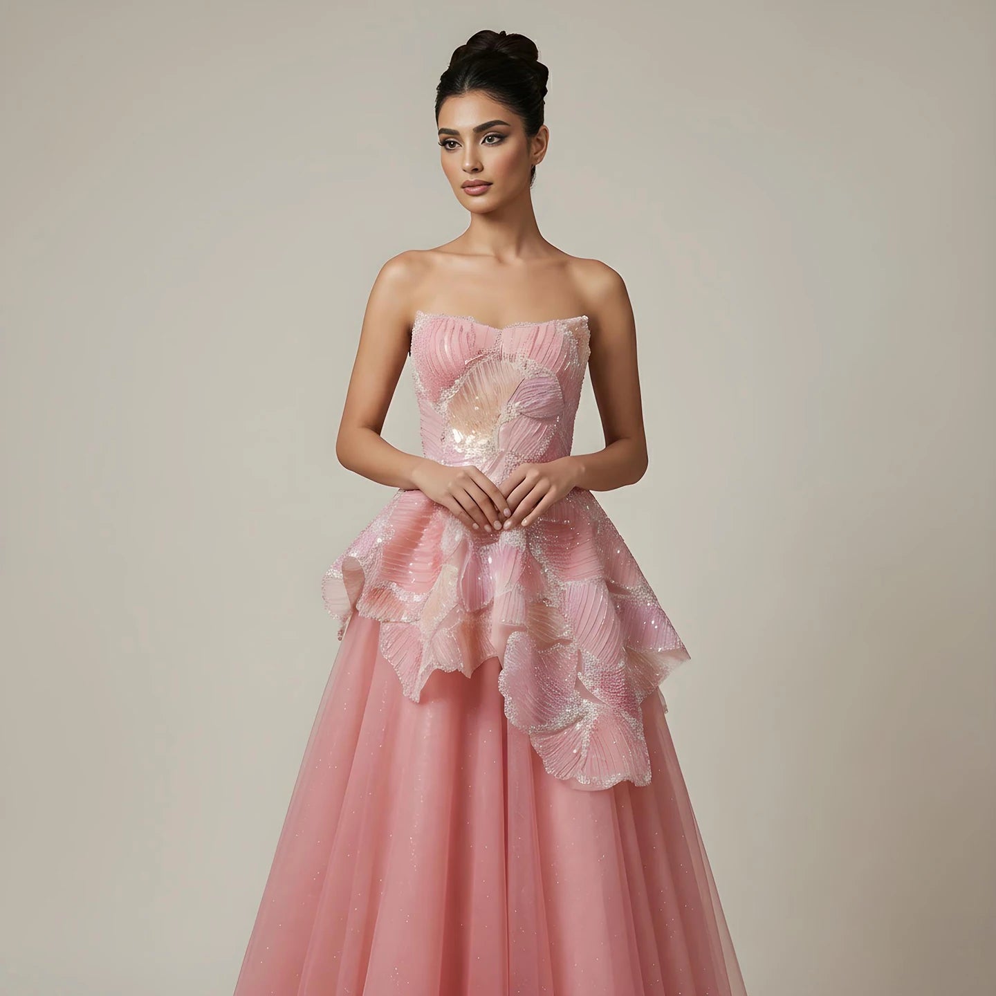 Luxury Peach Floral Appliqué A-Line Sparkly Evening Dress LA73185 - SERENE HILL