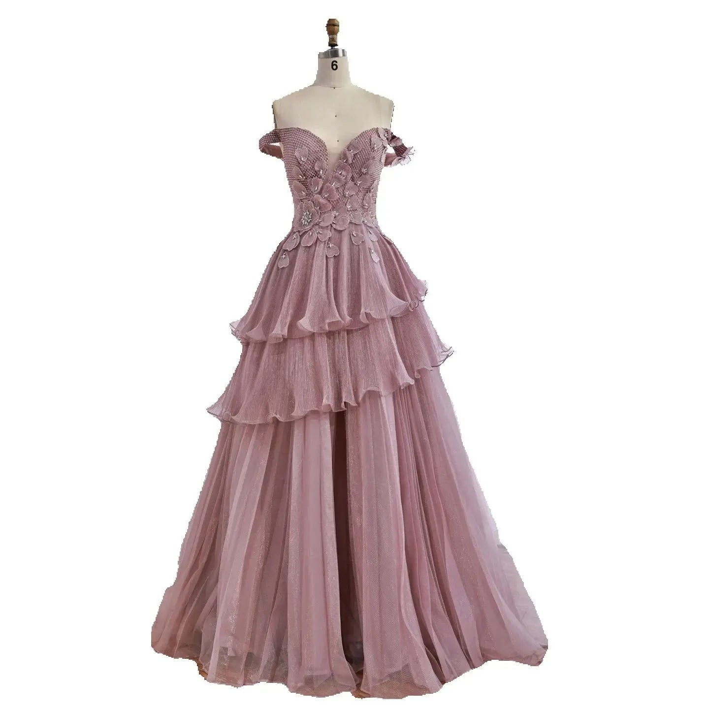 Luxury Pink Dreamy Ruffles Beaded A-Line Evening Dress LA73385 - SERENE HILL