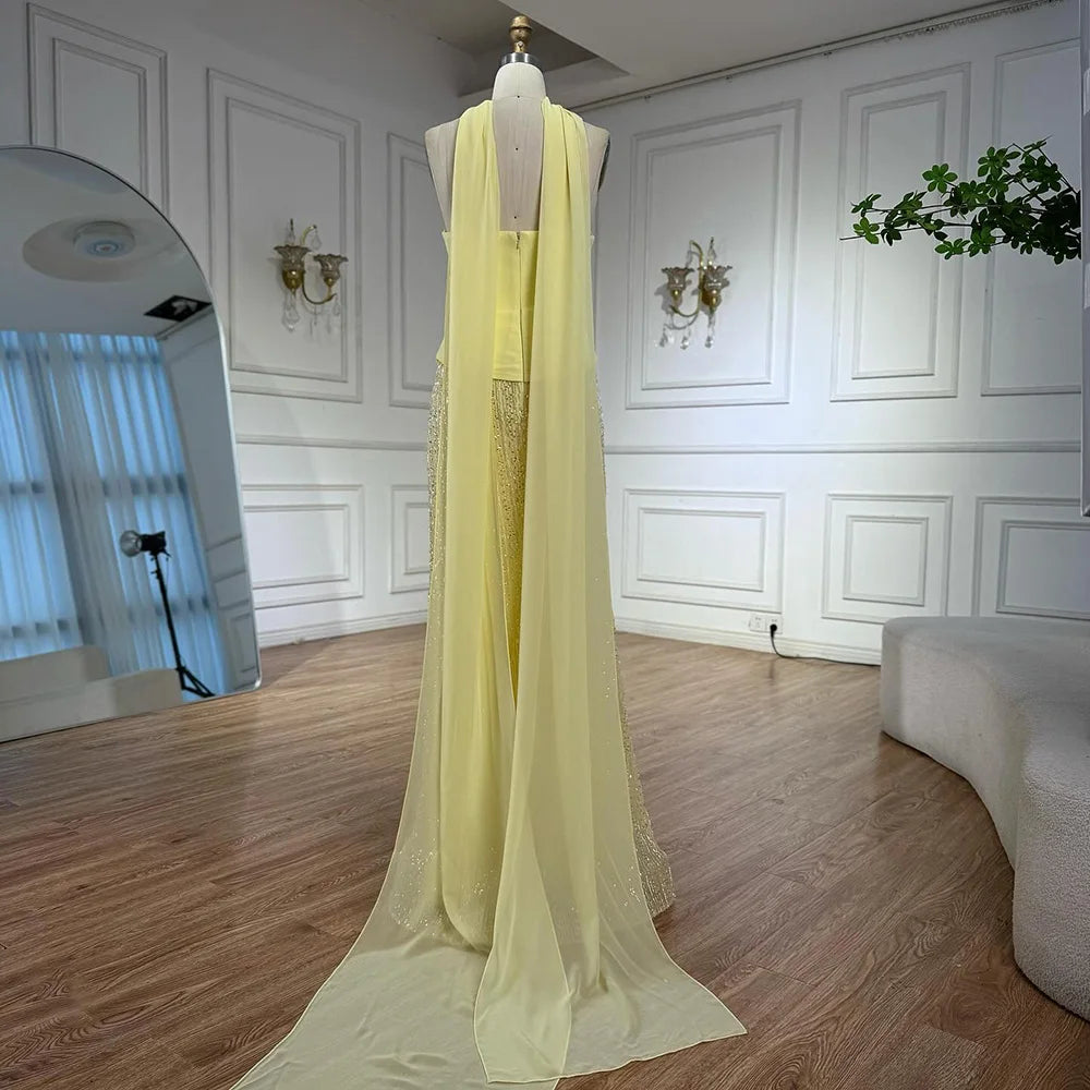 Luxury Yellow Chiffon Mermaid Evening Dress with Cape LA73007 - SERENE HILL