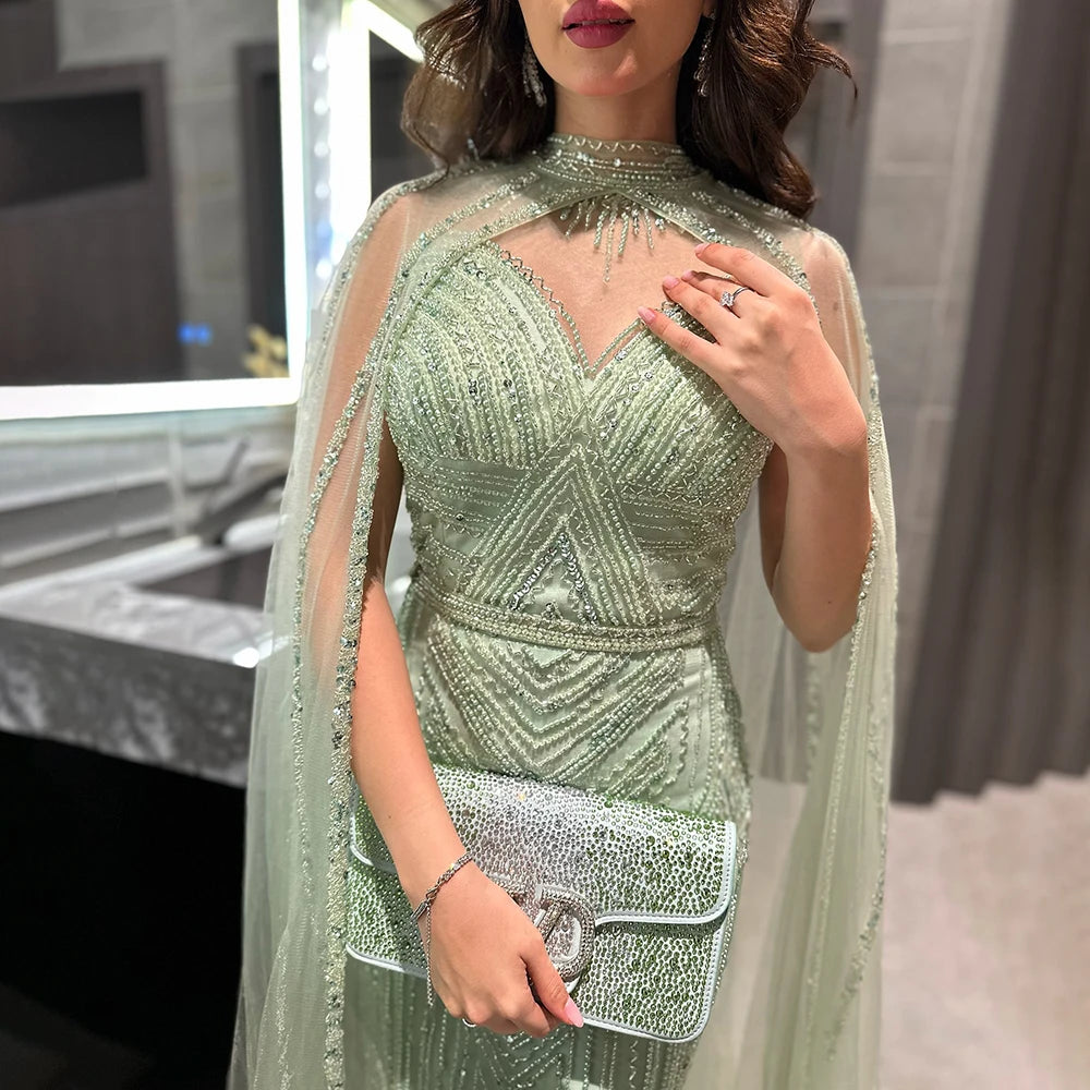 Luxury Nude Mermaid Evening Dress with Cape Sleeve LA72233A - SERENE HILL