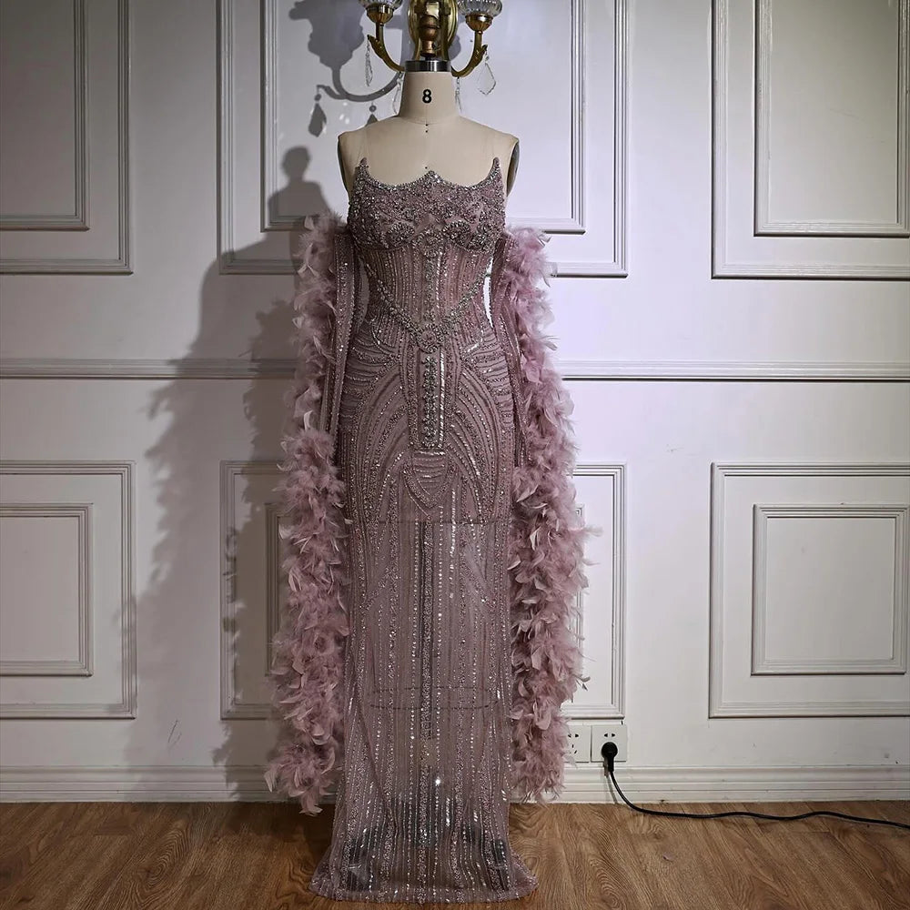 Luxury Caramel Beaded Evening Dress with Feather Sleeves LA73055 - SERENE HILL