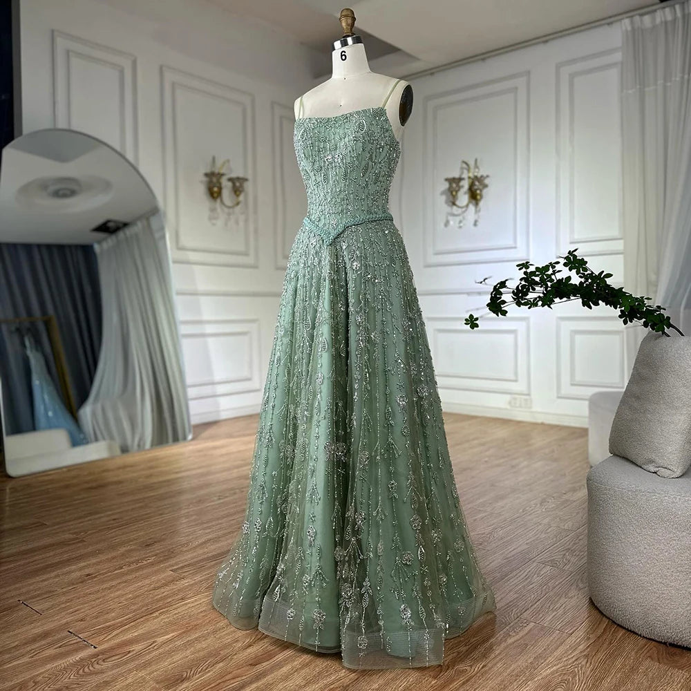 Luxury Sage Green Beaded A-Line Spaghetti Strap Evening Dress LA72805 - SERENE HILL