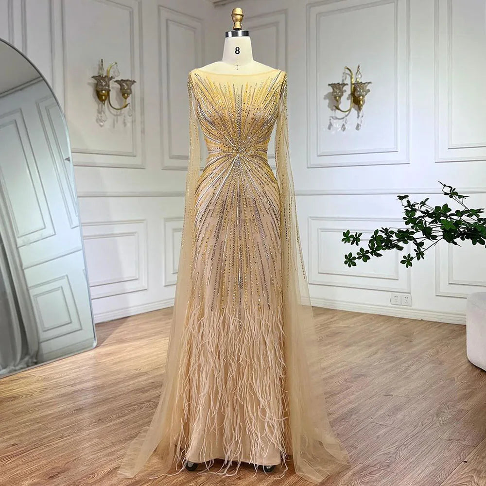 Luxury Lilac Feathers Evening Dresses with Cape Sleeves LA72036 - SERENE HILL
