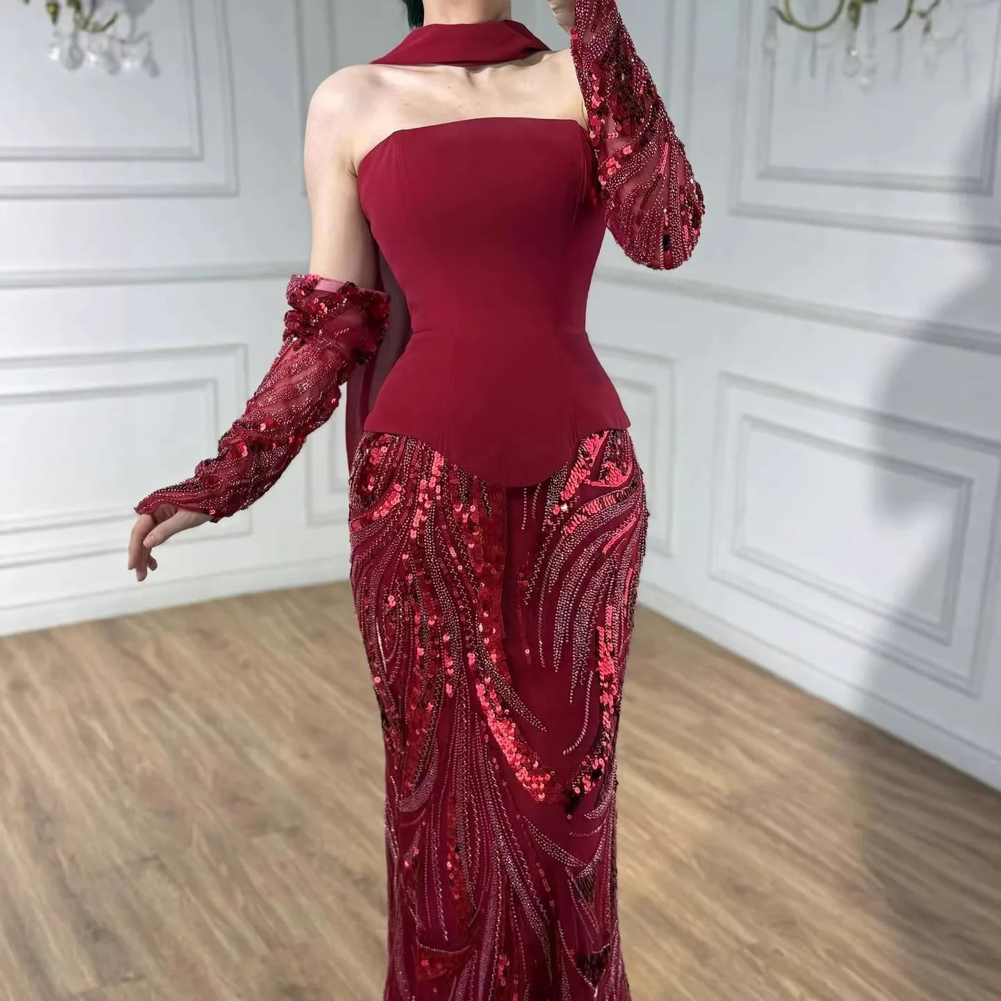 Luxury Wine Red Mermaid Evening Dress With Gloves LA73050E - SERENE HILL