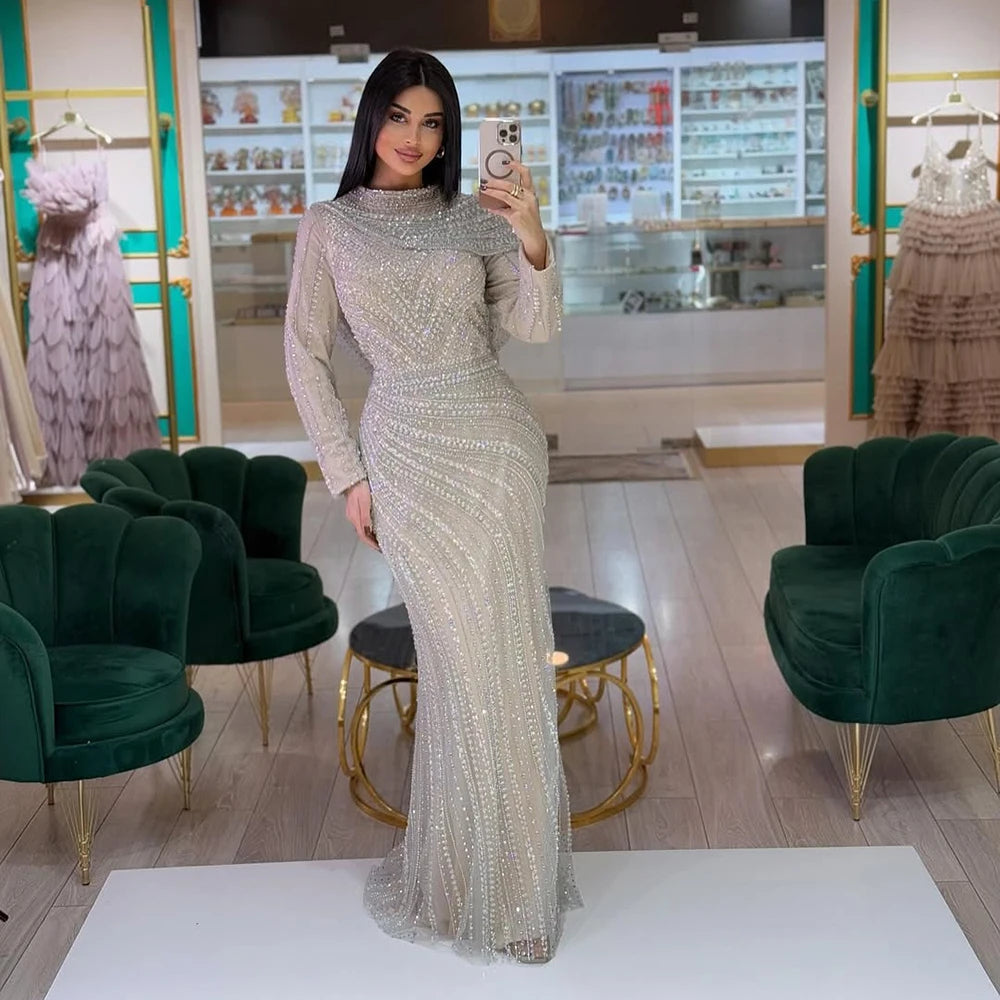 Muslim Silver Nude Beaded Long Sleeves Evening Dress LA70752H - SERENE HILL