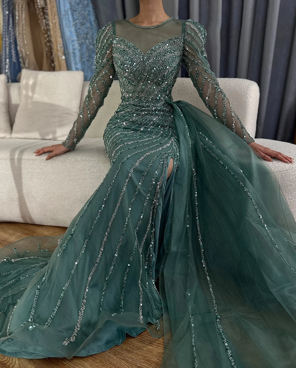 Serene Hill 2025 Arabic Turquoise Mermaid Split Beaded Luxury Dubai Long Evening Dresses Gowns for Women Wedding Party LA72448 - SERENE HILL