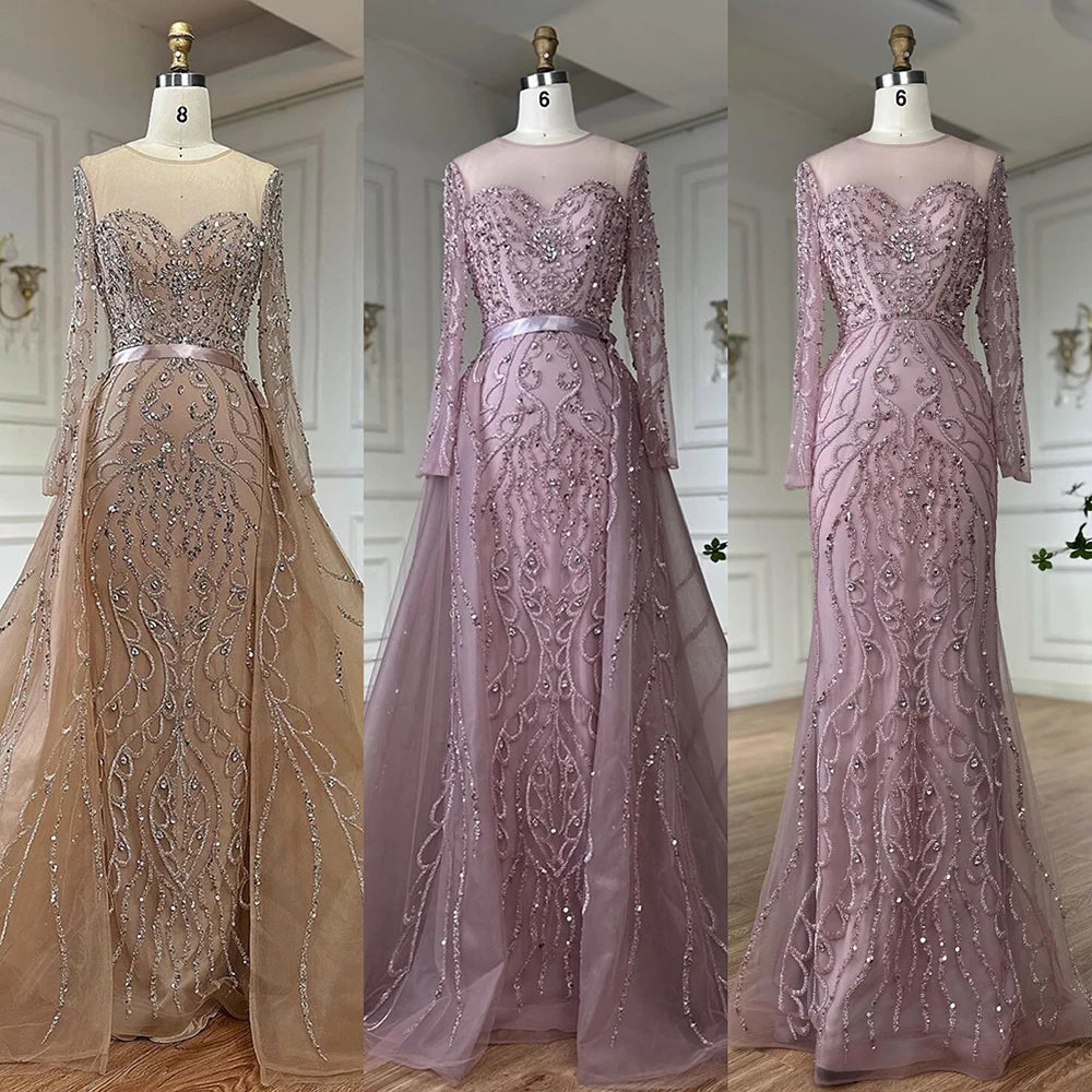 Luxury Dubai Pink Beaded Saudi Arabic Mermaid Evening Gown with Sheer Long Sleeves for Formal Occasion LA72875 - SERENE HILL