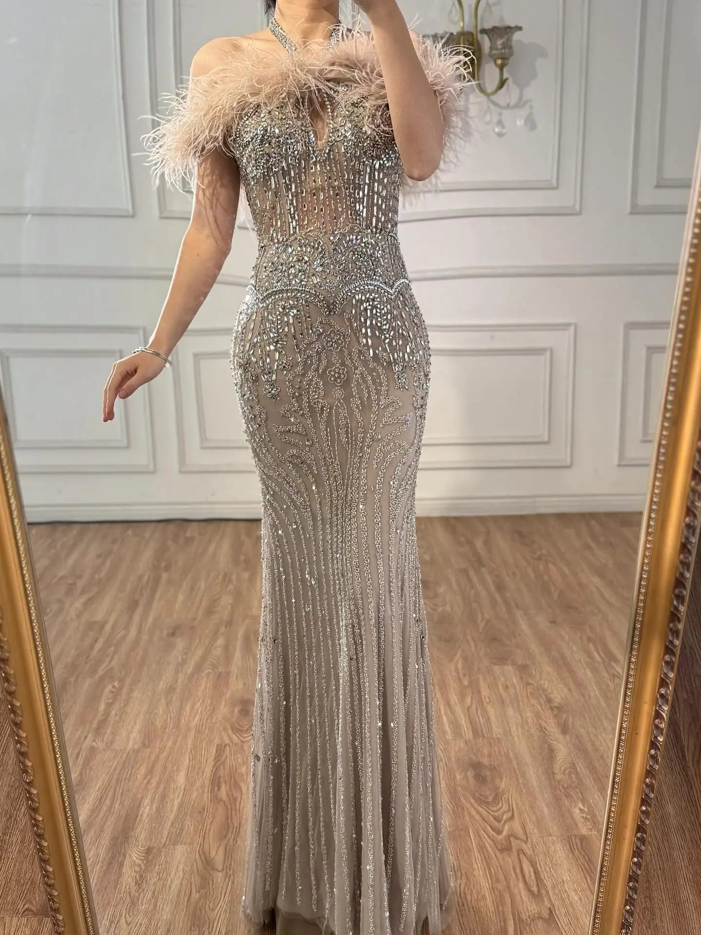 Luxury Nude Halter Feather Crystal Evening Dress LA73349 - SERENE HILL