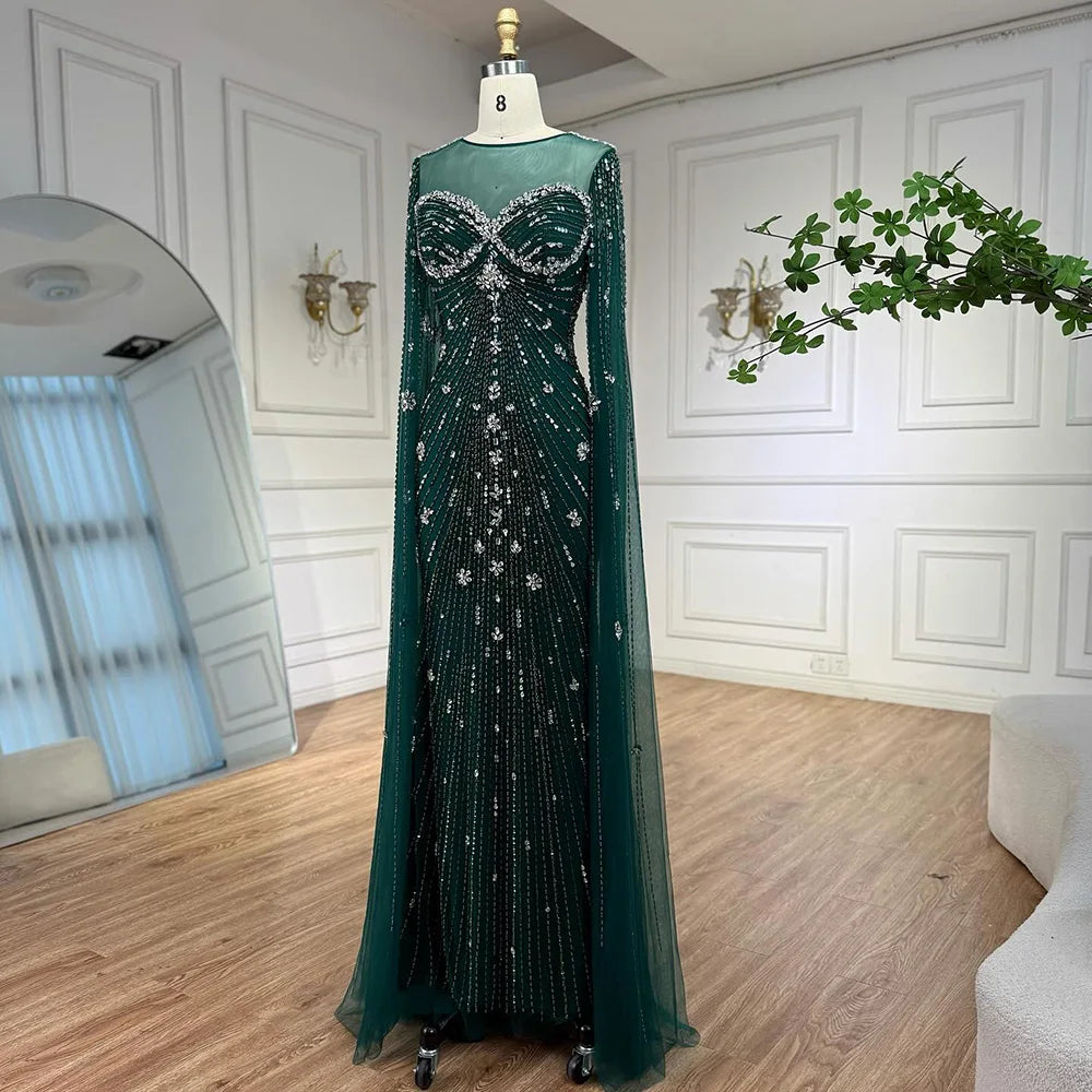 Luxury Green Beaded Mermaid Dress with Cape Sleeves LA73115 Green / 10 Luxury Green Beaded Mermaid Dress with Cape Sleeves LA73115 Green / 10