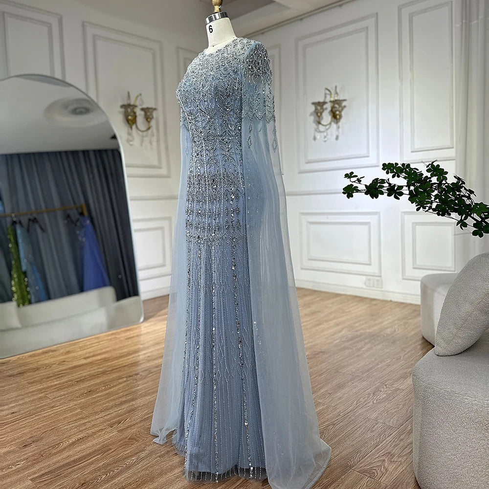 Dubai Caramel Elegant Cape Sleeve Luxury Beaded Evening Gown LA72775 - SERENE HILL