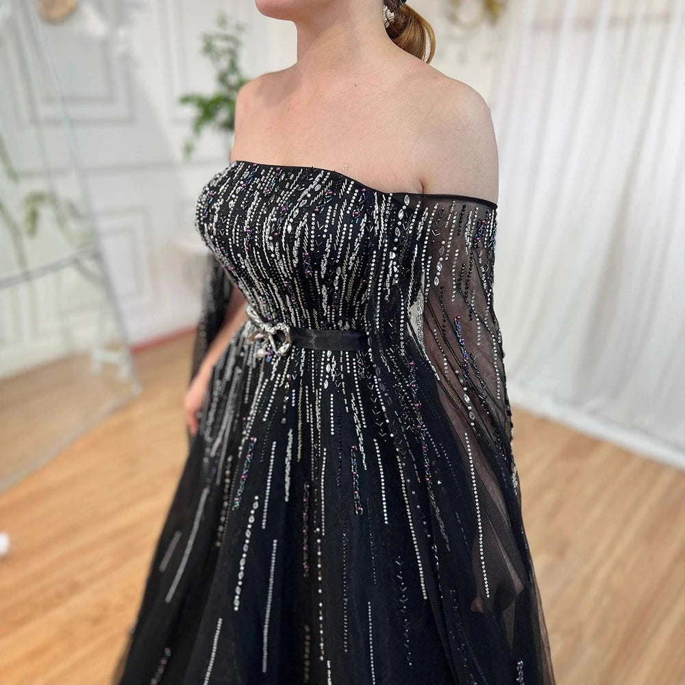 Luxury Black A Line Beaded Evening Dress with Cape Sleeves LA71824 - SERENE HILL