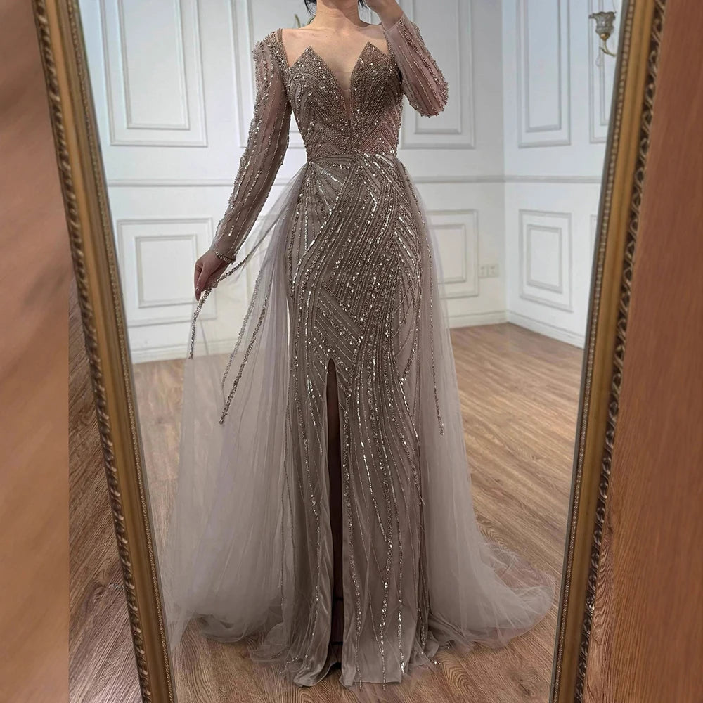 On Sale no return no refundSerene Hill Arabic Turquoise V Neck Mermaid Beaded Sexy Open Split Evening Dresses Gowns 2025 For Women Wedding Party