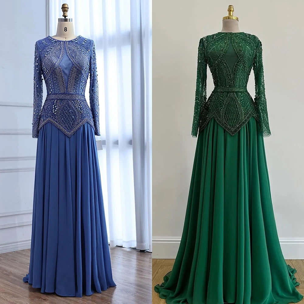 Luxury Designer Blue Beaded Evening Dress with Long Sleeves LA72962 - SERENE HILL