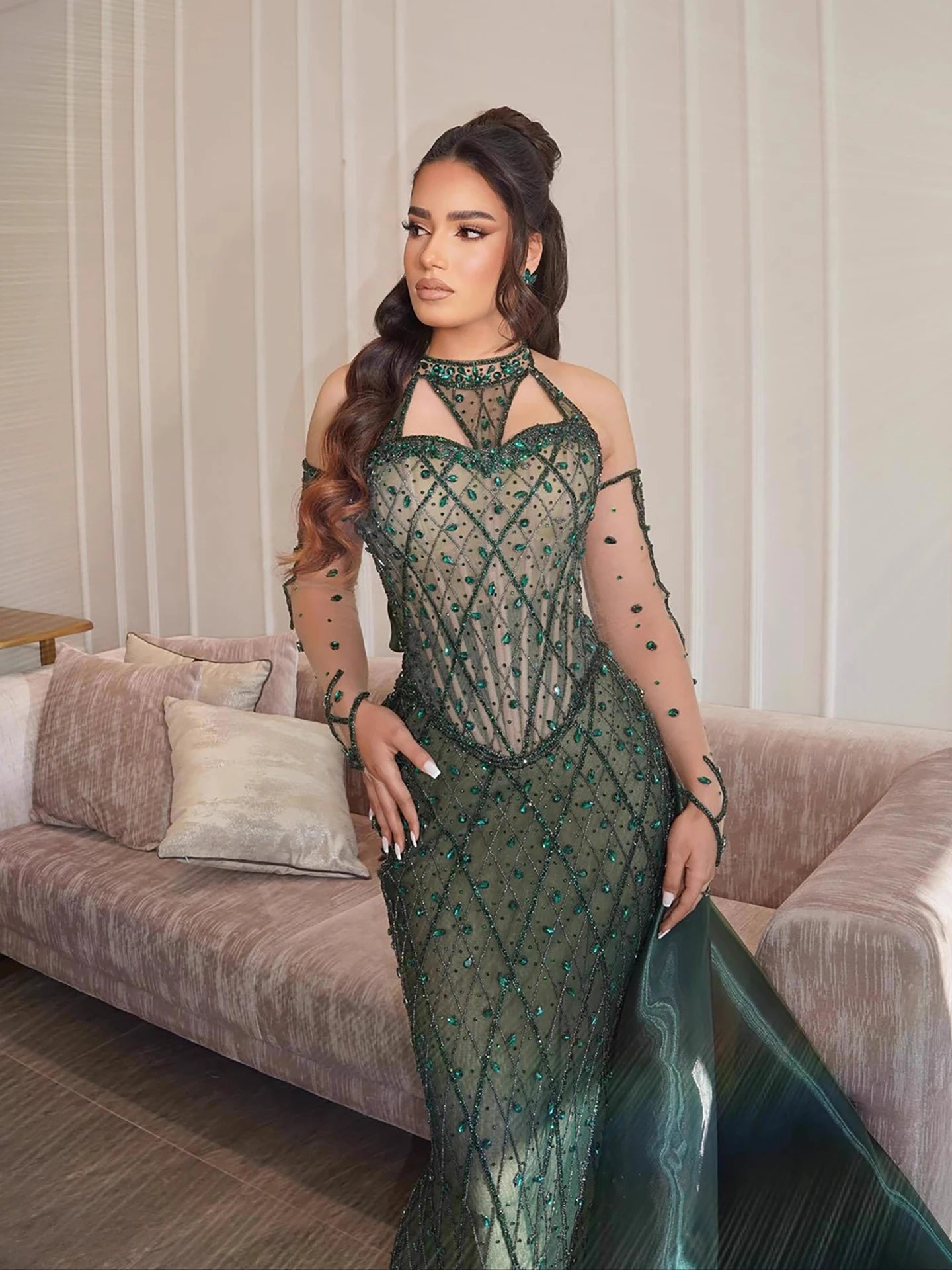 Luxury Green Halter Beaded Dubai Corset Evening Dress LA73322 - SERENE HILL