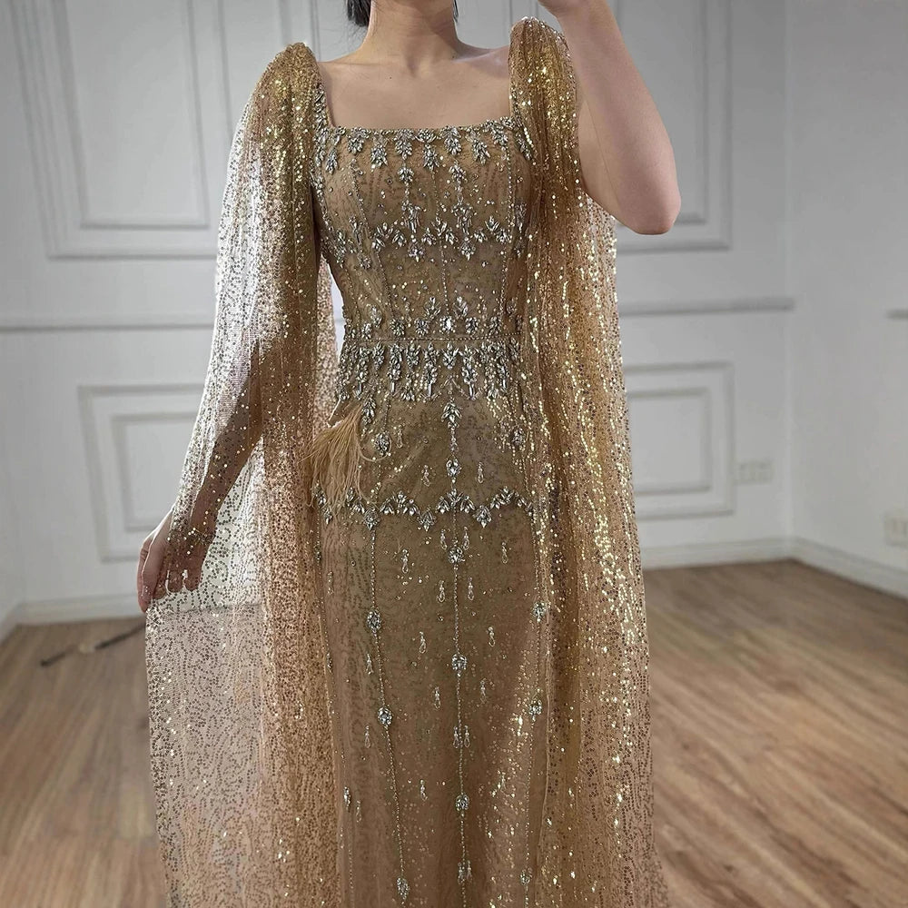Bling Gray Mermaid Feather Arabic Midi Evening Dress with Cape LA72334 - SERENE HILL