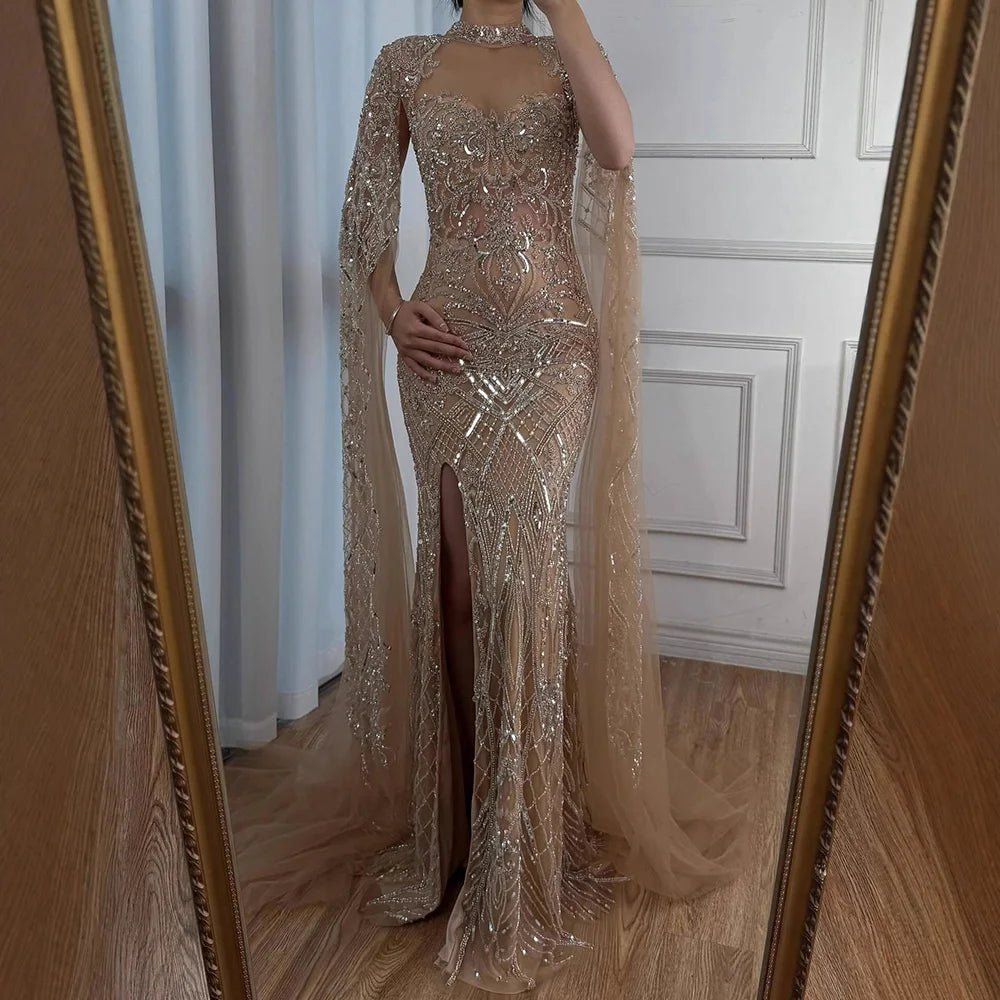 Luxury Nude Beaded Mermaid Evening Dress with Cape LA71747 - SERENE HILL