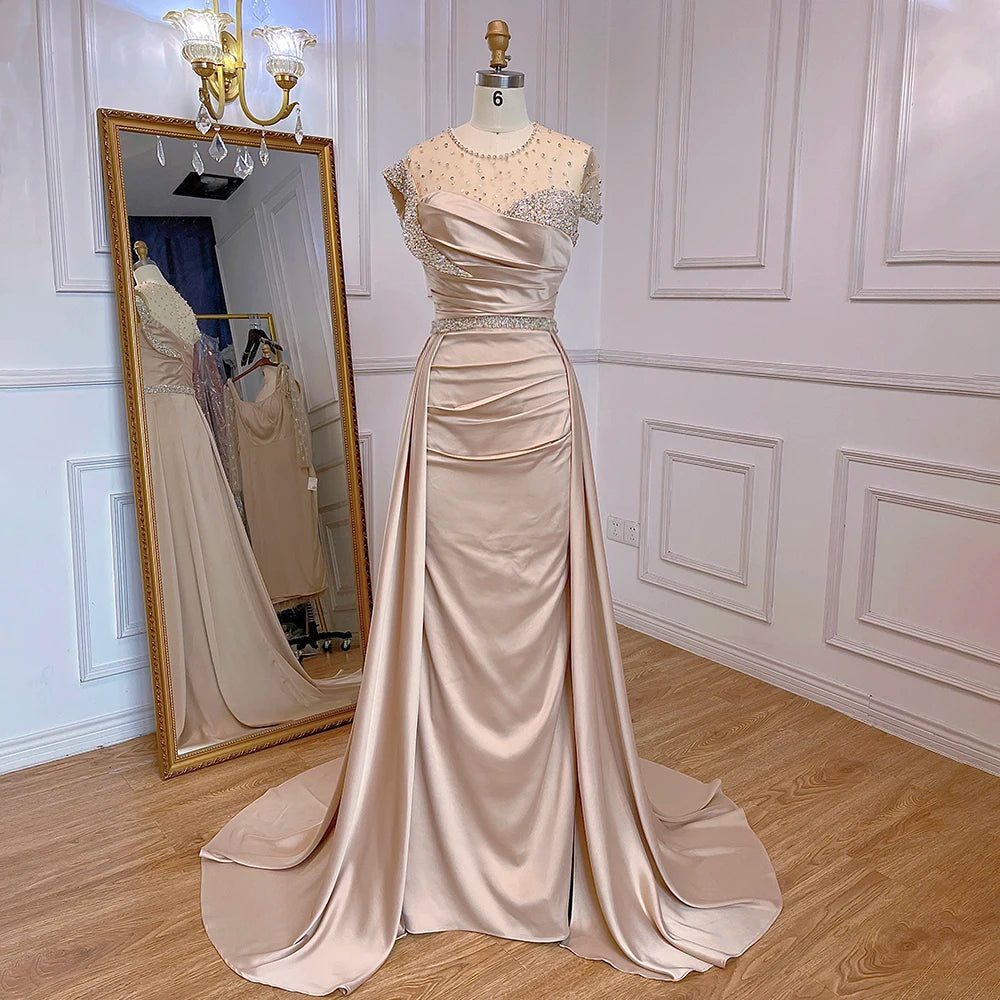 Serene Hill Arabic Nude Mermaid Elegant Satin With Overskirt Evening Dresses Gowns Luxury Beaded 2025 For Women Party LA71725 - SERENE HILL